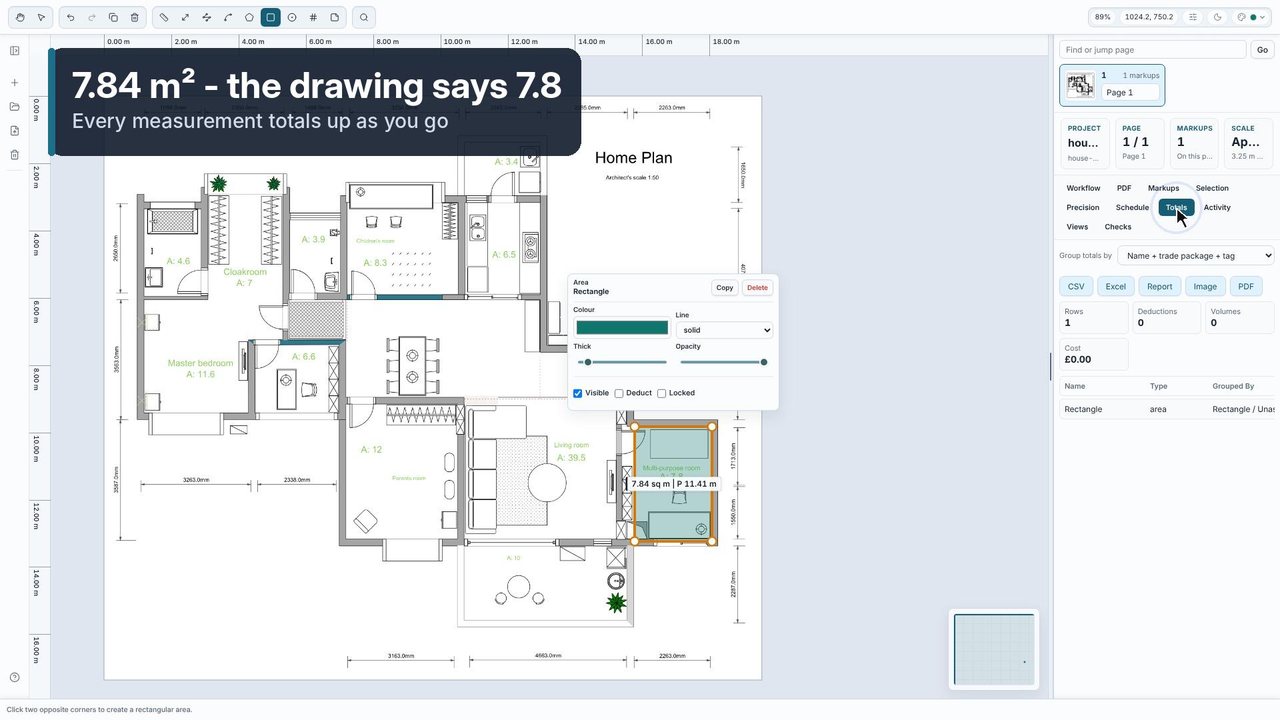 Takeoff Studio measuring the area of a room on a PDF floor plan