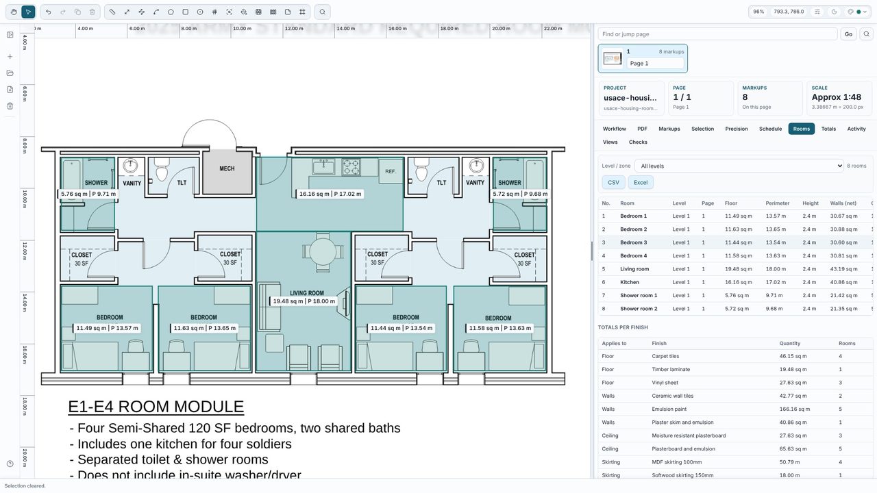 Check the Rooms tab and export - Takeoff Studio