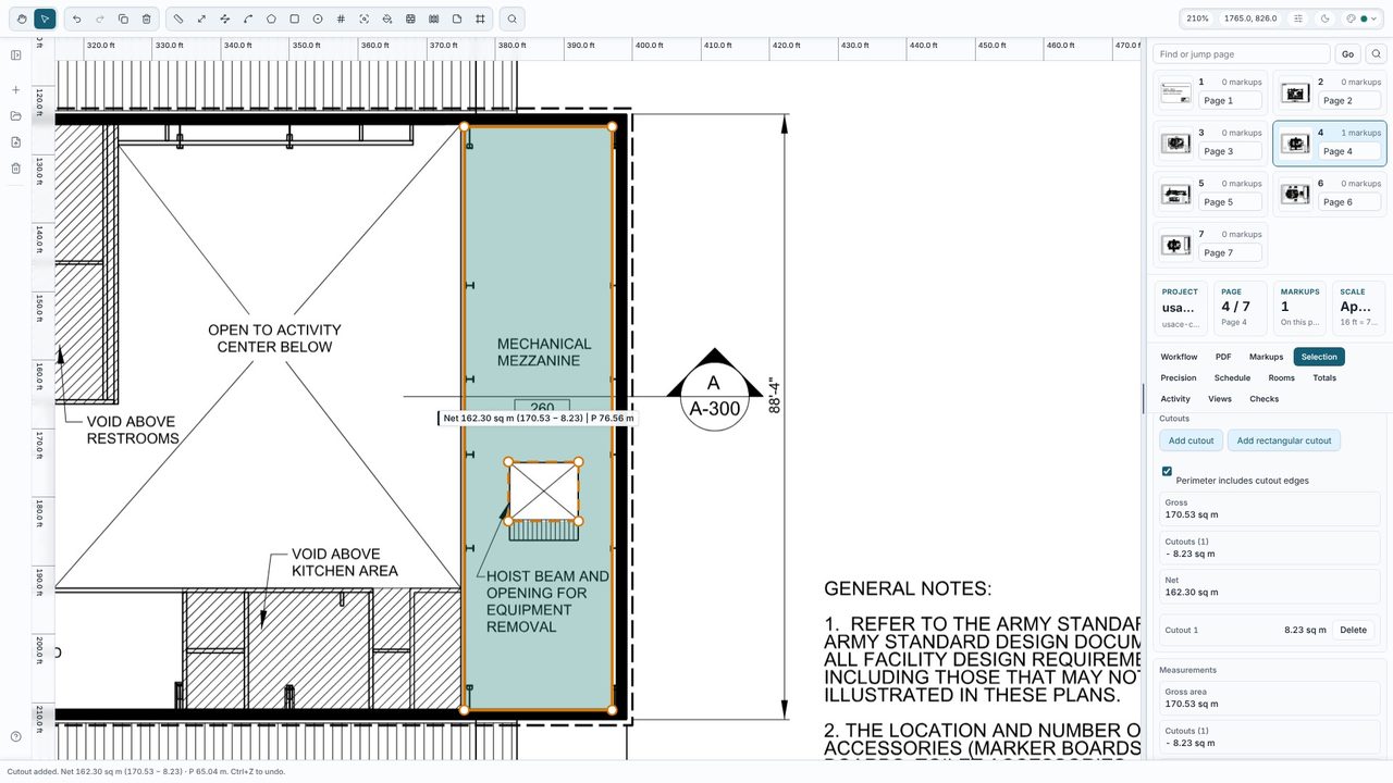 Check gross, cutouts and net - Takeoff Studio