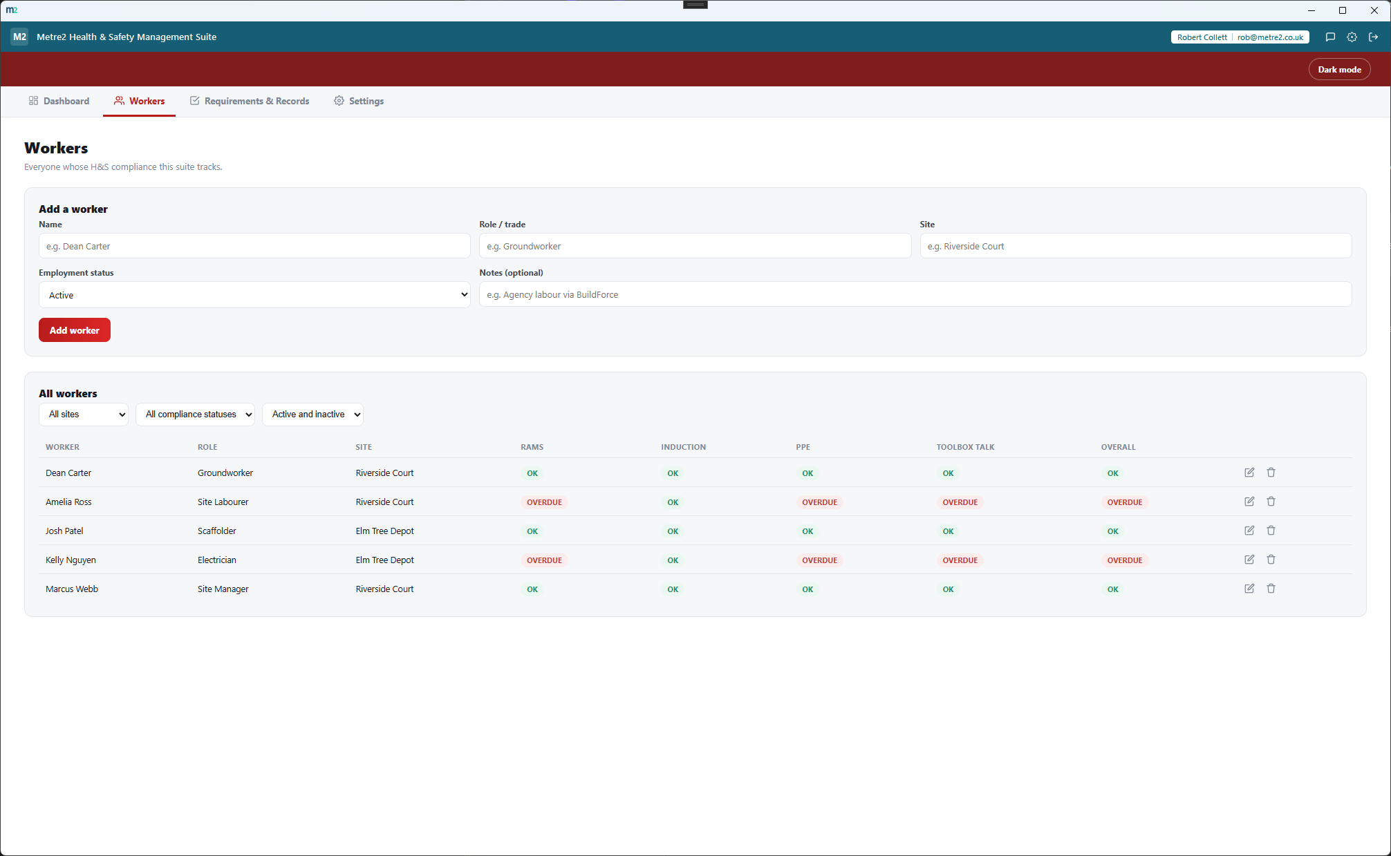 Health & Safety Management Suite's Workers page showing the add-worker form and a filterable table with per-requirement status pills for every worker