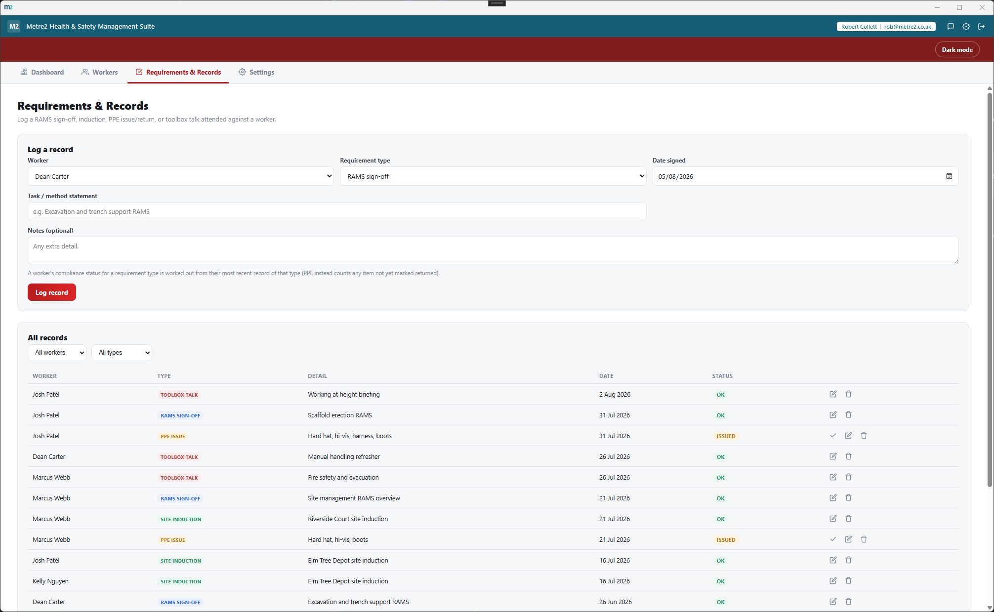 Health & Safety Management Suite's Requirements & Records page showing the log-a-record form and a filterable table of RAMS, induction, PPE and toolbox talk records
