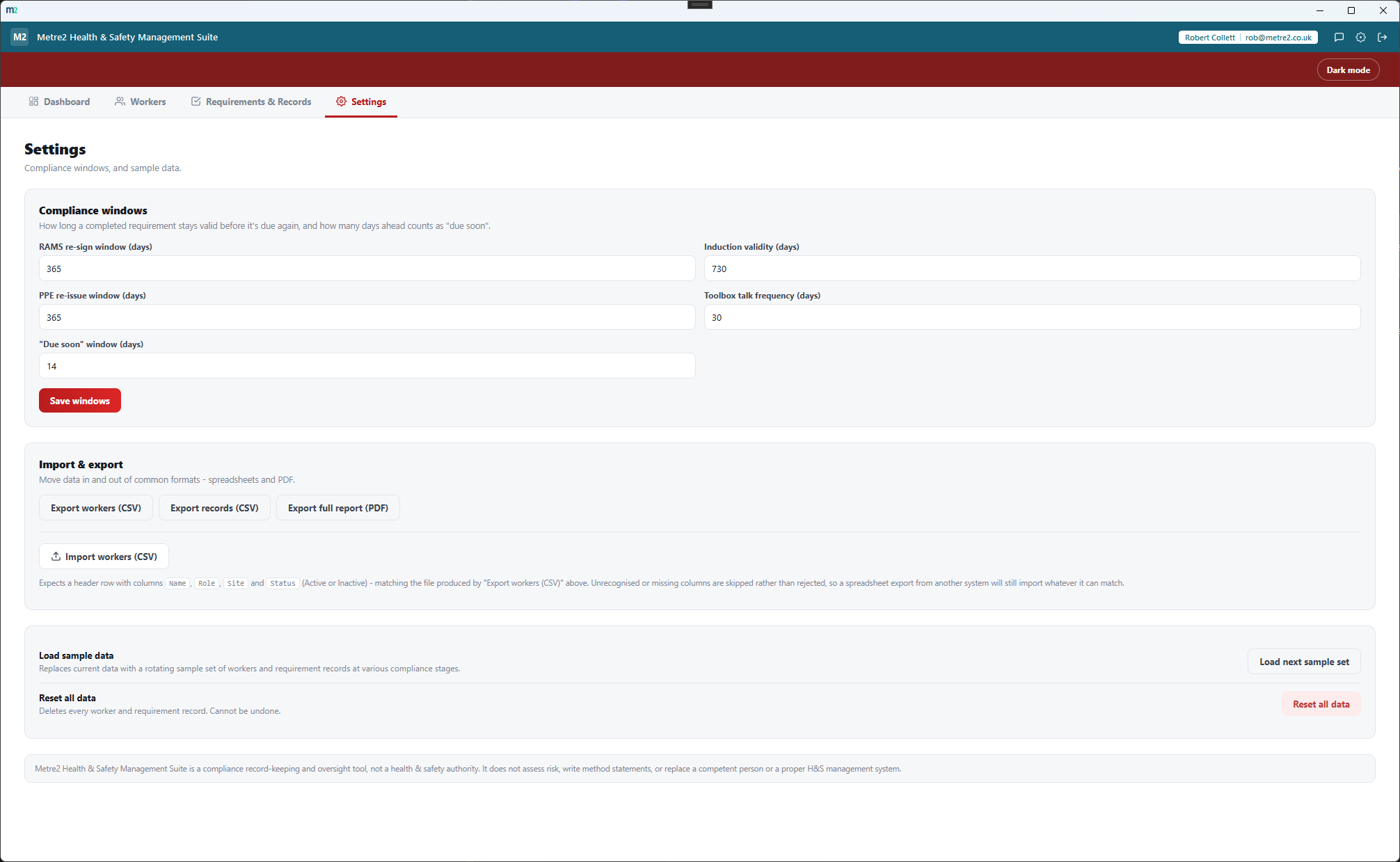 Health & Safety Management Suite's Settings page showing compliance window configuration, CSV/PDF import and export options, and sample data controls