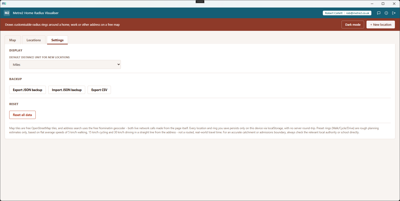 Metre2 Home Radius Visualiser's Settings tab showing the default unit, JSON/CSV export options and a disclaimer about live OpenStreetMap/Nominatim data