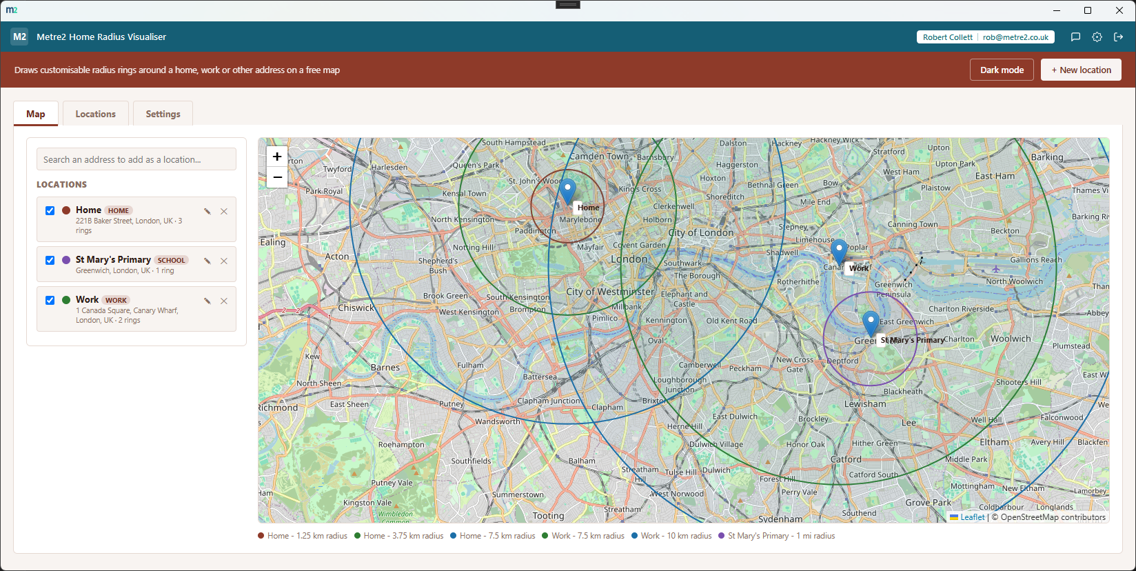 Metre2 Home Radius Visualiser's Map tab showing a location list on the left and a real OpenStreetMap map on the right with pins for Home, Work and St Mary's Primary surrounded by colour-coded radius rings and a legend