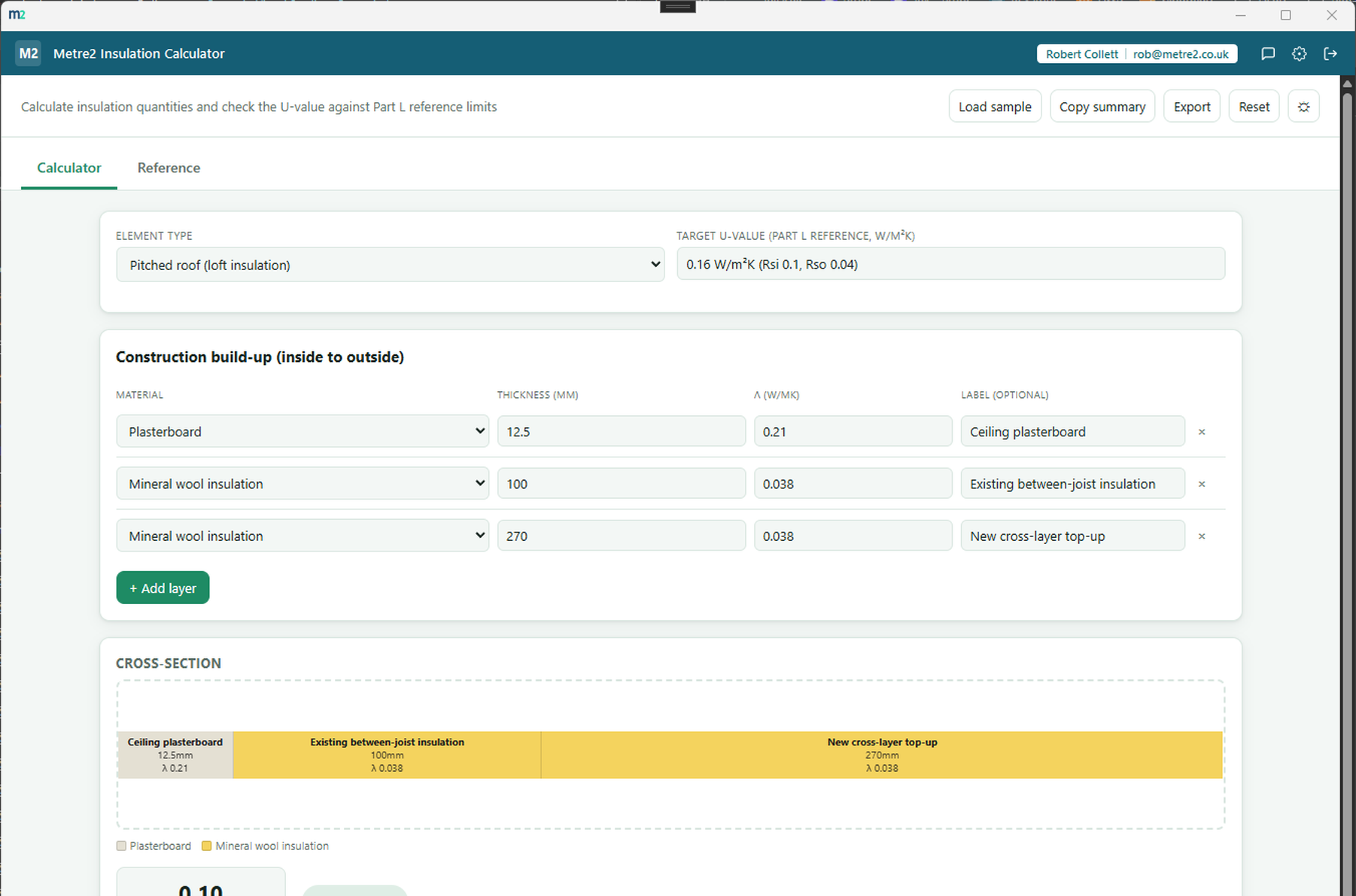 Insulation Calculator's Calculator tab showing the layer build-up, the cross-section diagram and the U-value pass badge