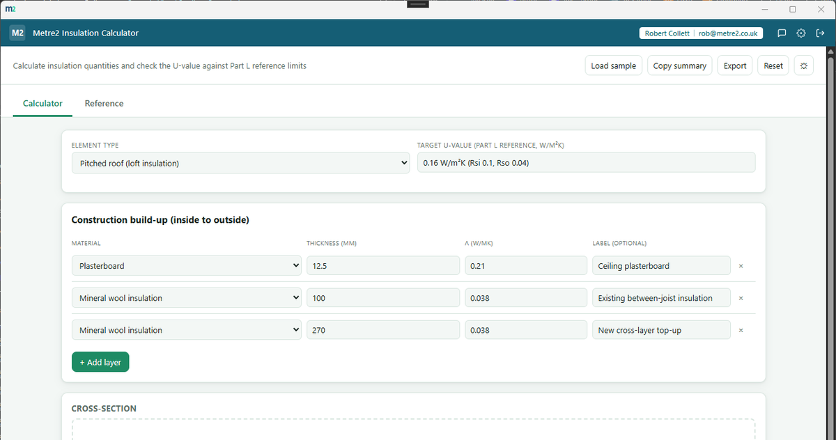 Metre2 Insulation Calculator showing the layer build-up cross-section and U-value result