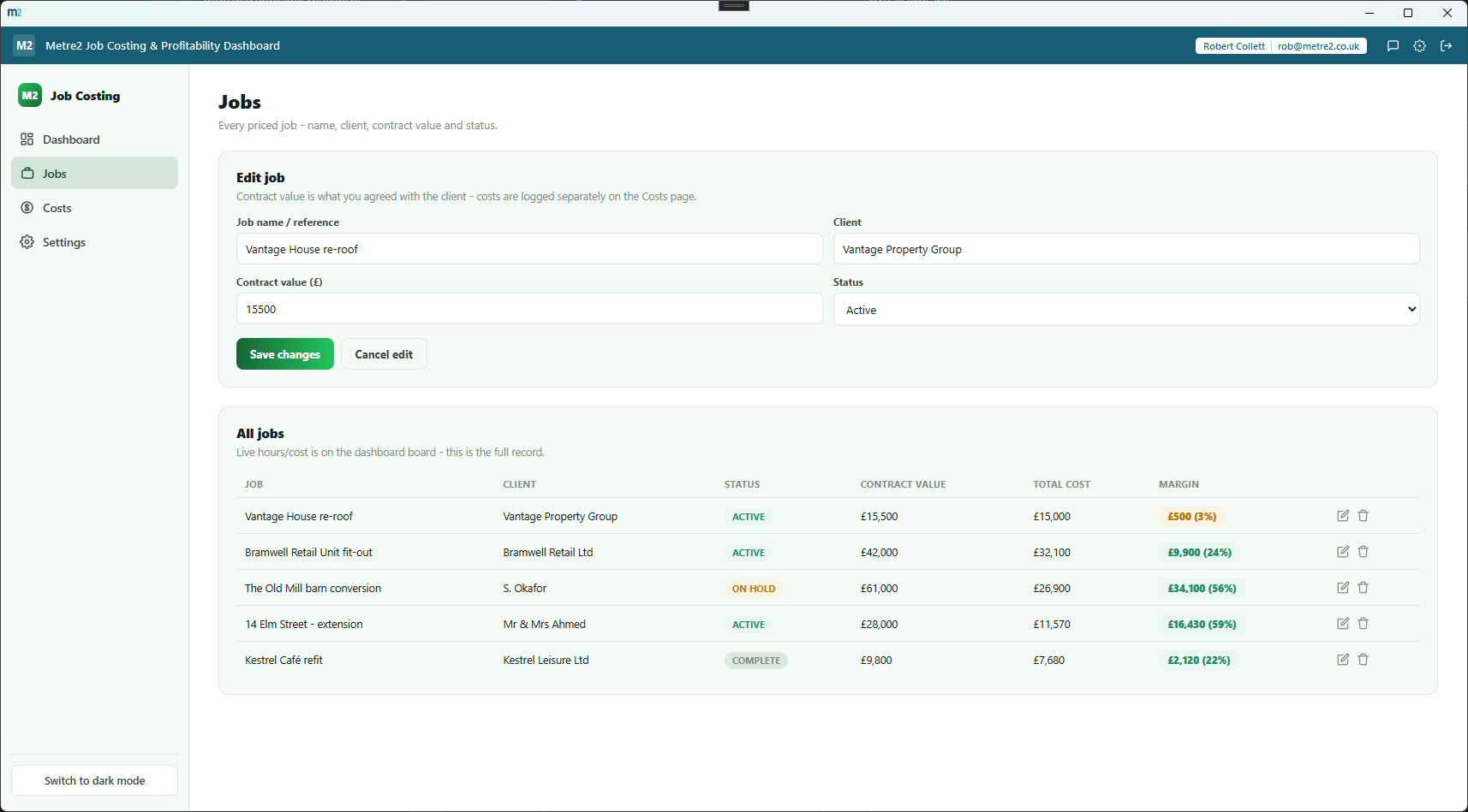 Job Costing & Profitability Dashboard's Jobs page showing the job edit form and full job table