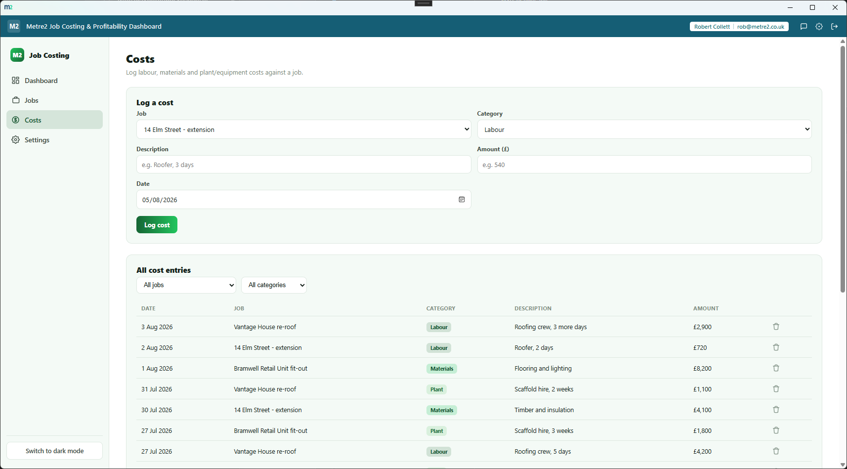 Job Costing & Profitability Dashboard's Costs page showing the log-a-cost form and cost entry table