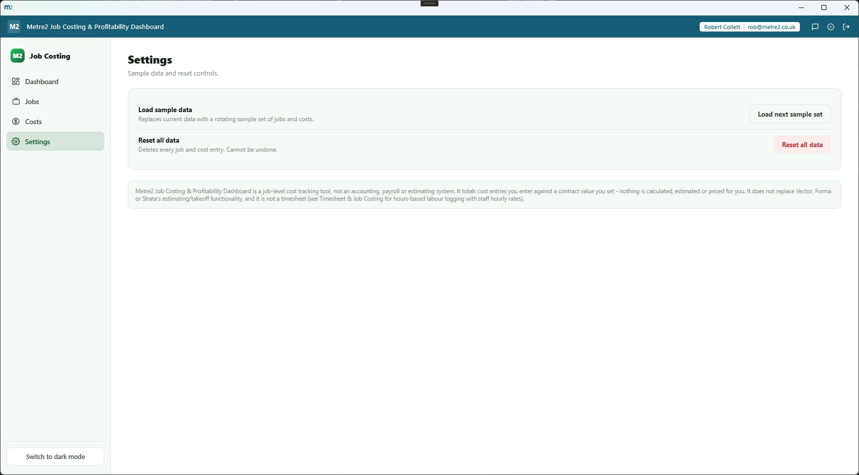 Job Costing & Profitability Dashboard's Settings page showing sample data and reset controls