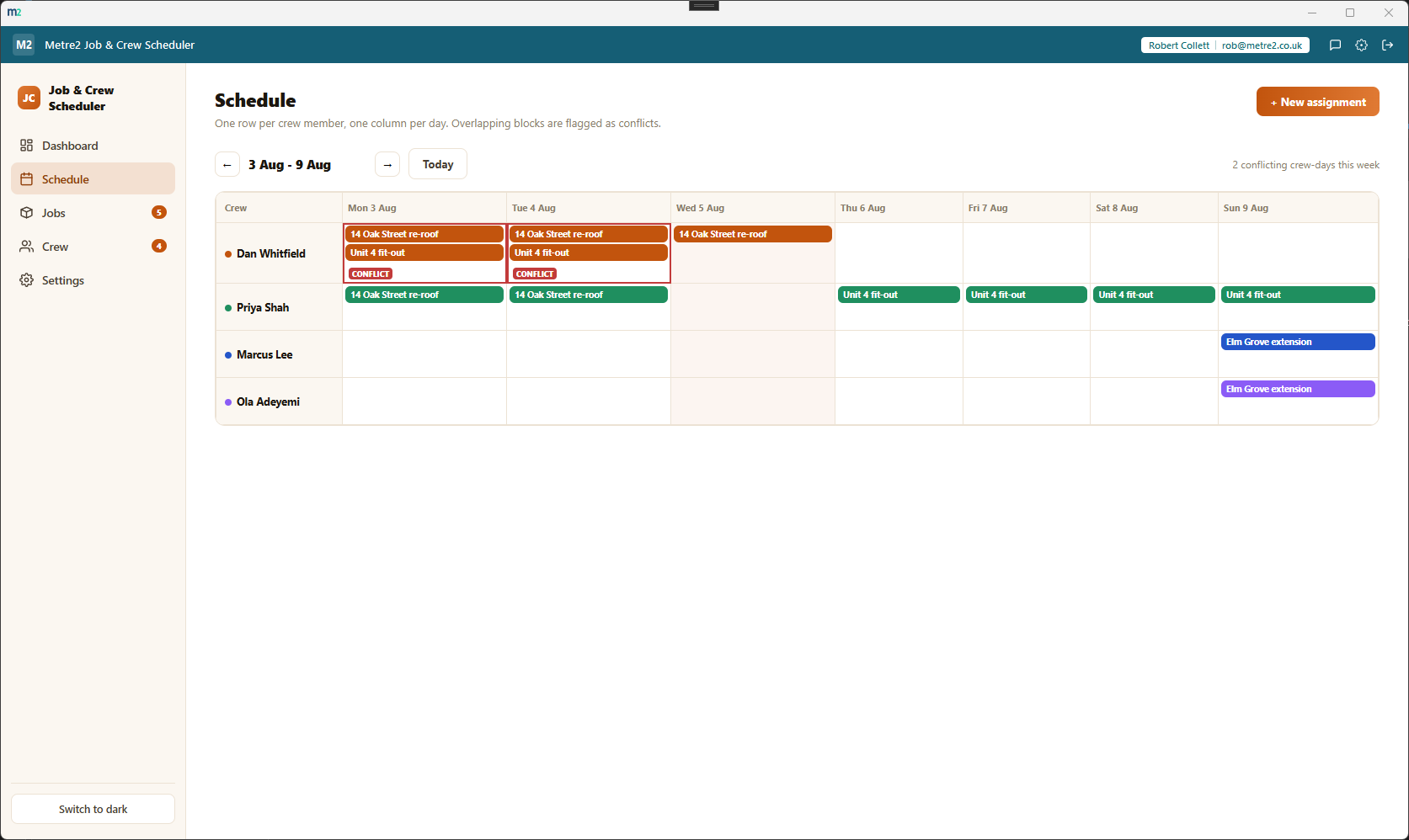 Job & Crew Scheduler's Schedule page showing the week calendar grid with coloured assignment blocks and a conflict flag