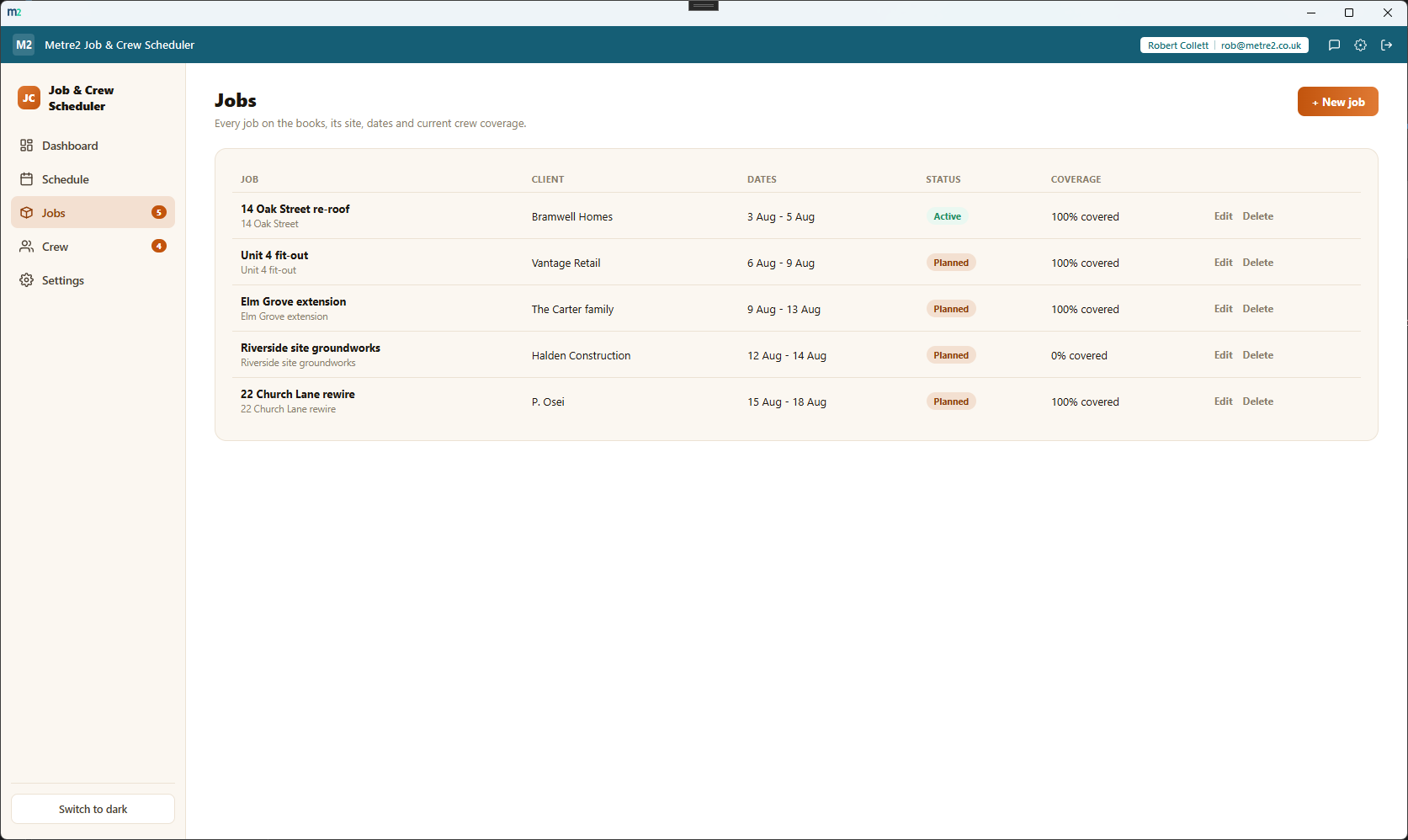 Job & Crew Scheduler's Jobs page showing every job with its client, dates, status and coverage percentage