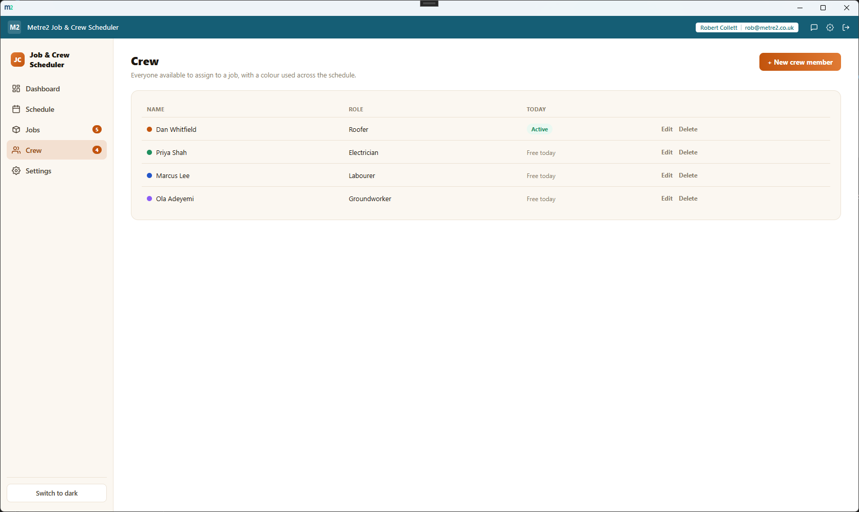 Job & Crew Scheduler's Crew page showing every crew member with their role, colour and today's status