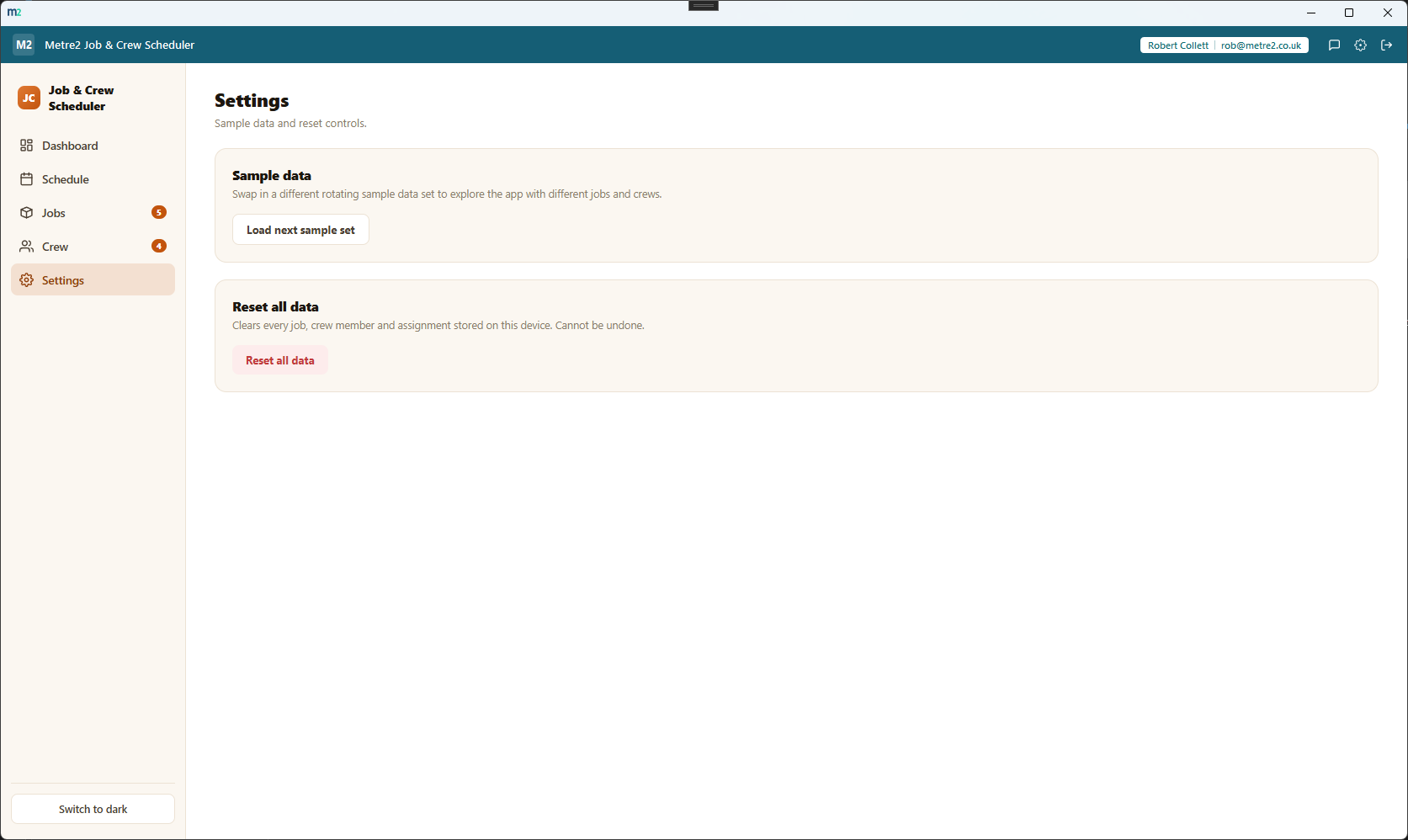 Job & Crew Scheduler's Settings page showing sample data and reset controls