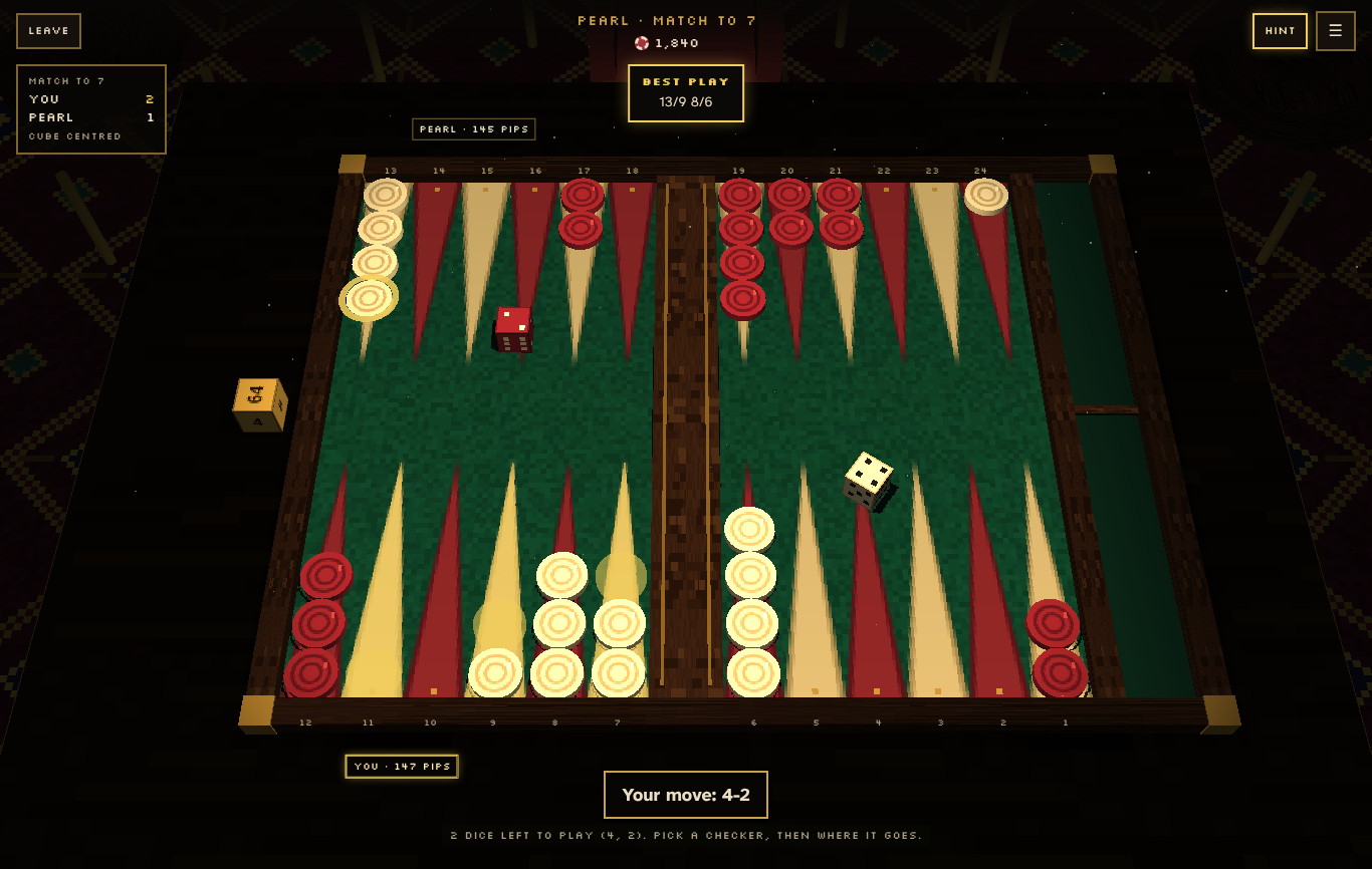 A game against Pearl - the 3D board with your ivory checkers and Pearl's red, the dice on the felt, and the points your checker can reach marked in gold