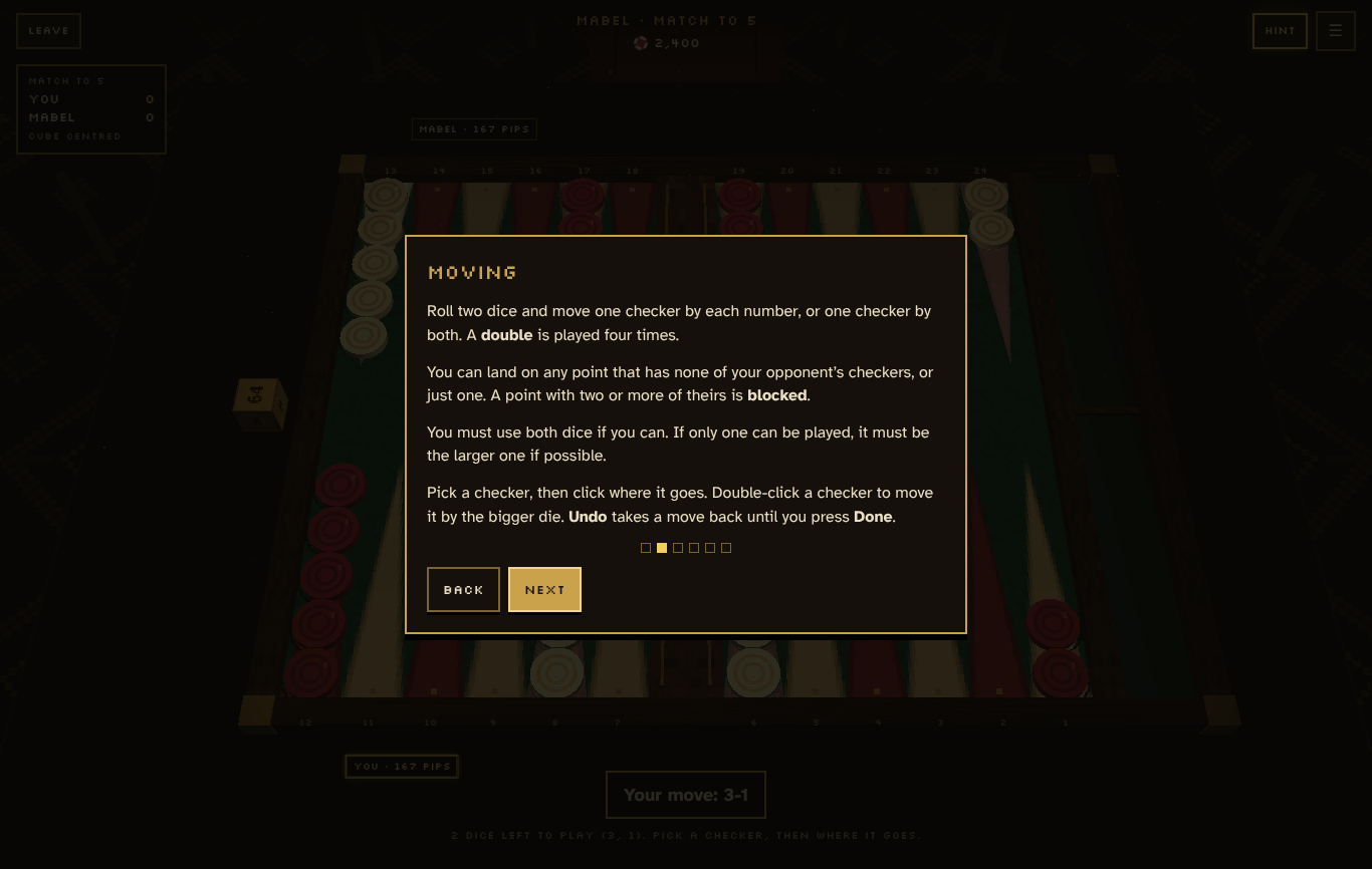 The How to play walkthrough - the page on moving, with Back and Next buttons over the board