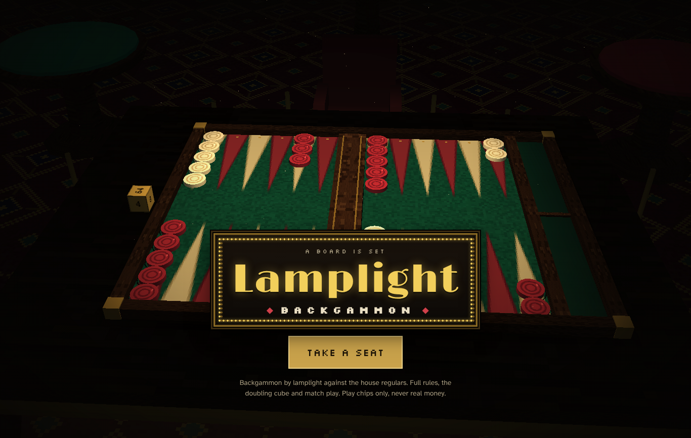 Lamplight Backgammon's title screen - a wooden backgammon board set for a game in a dark 3D room, with the gold Lamplight Backgammon sign and a Take a seat button