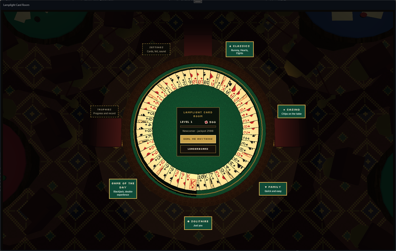 The table-top menu - a ring of cards on the felt with Classics, Casino, Family, Solitaire, Game of the day, Trophies and Settings around it, and your level and chips in the middle