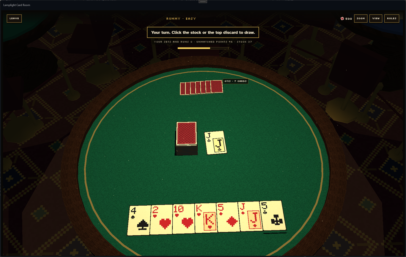 A game of Rummy against Otis - the stock and discard pile in the middle and your seven cards along the near edge of the table