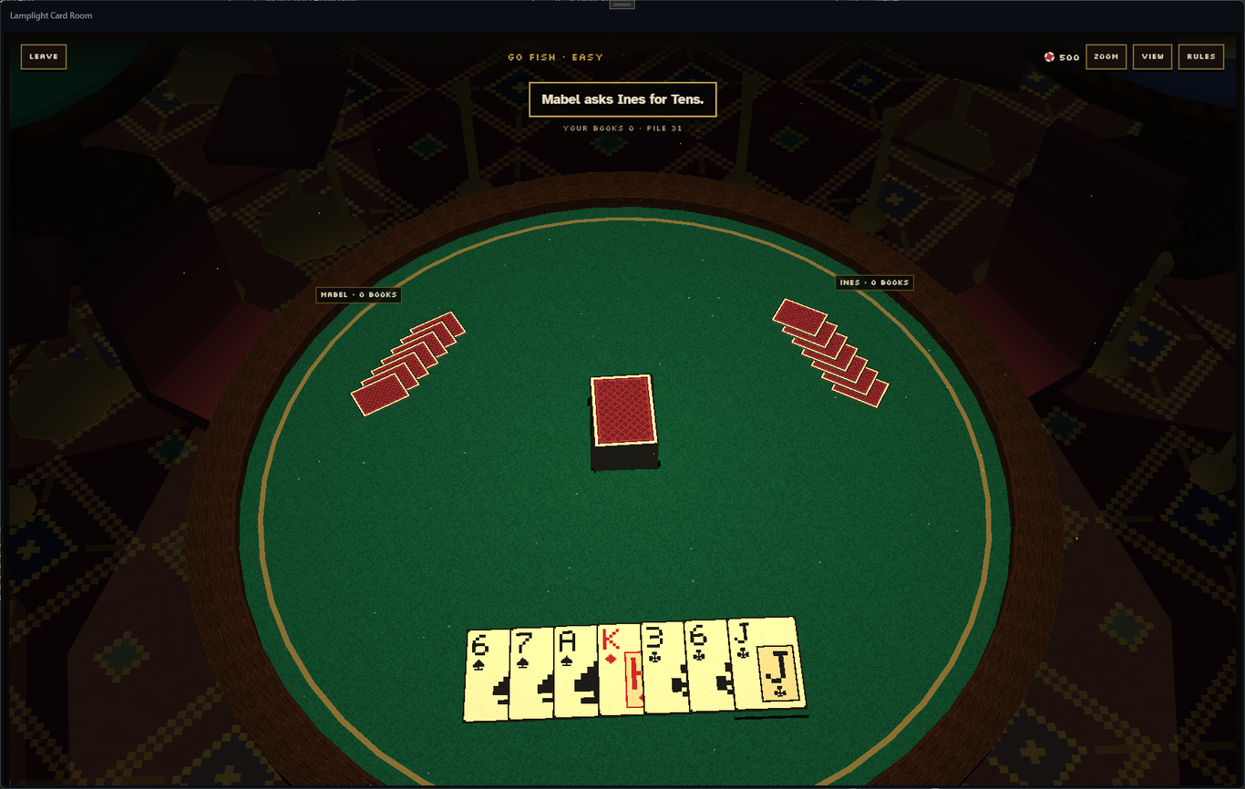 A game of Go Fish with Mabel and Ines - their hands face down on either side, the pile in the middle and your hand in front of you