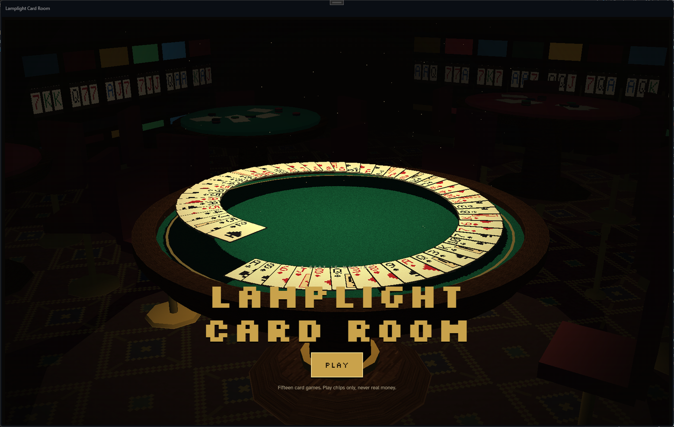 Lamplight Card Room's title screen - a ring of pixel-art cards on a round green baize table in a dark 3D card room, with the gold title and a Play button