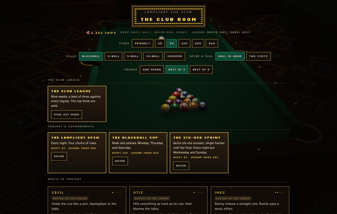 The club room - your chips and ladder place, the stake and rules for your next match, the club league, tonight's tournaments and the nine regulars