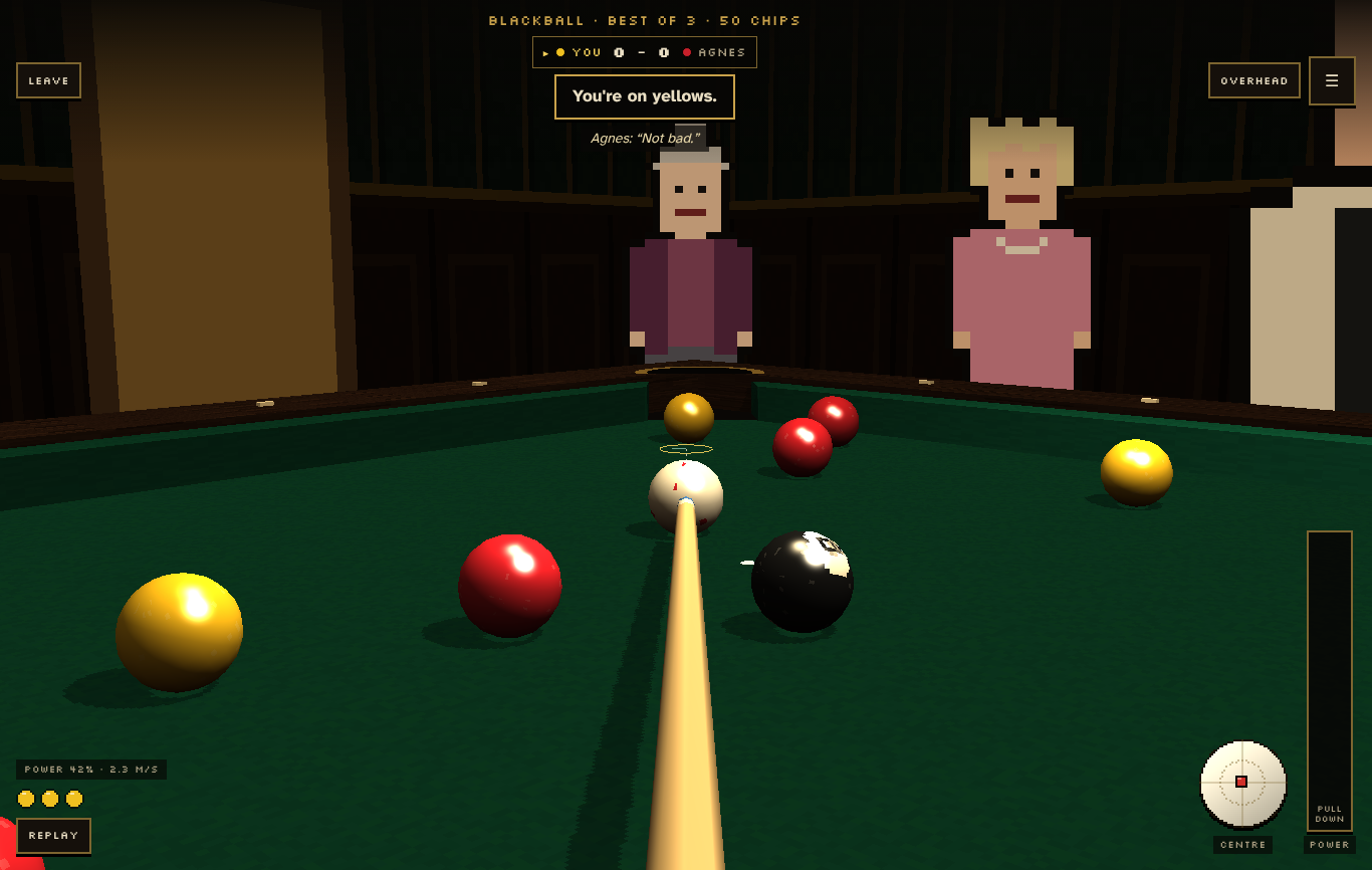 A frame of Blackball against Agnes from the player's view, with reds and yellows spread round the table and regulars watching from the side