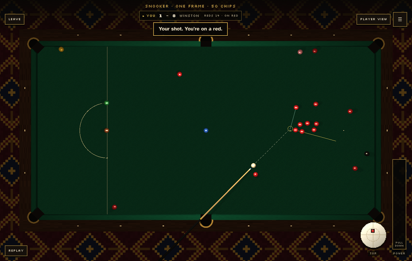 A frame of fifteen-red snooker against Winston from the overhead view, with the reds broken open and the colours on their spots