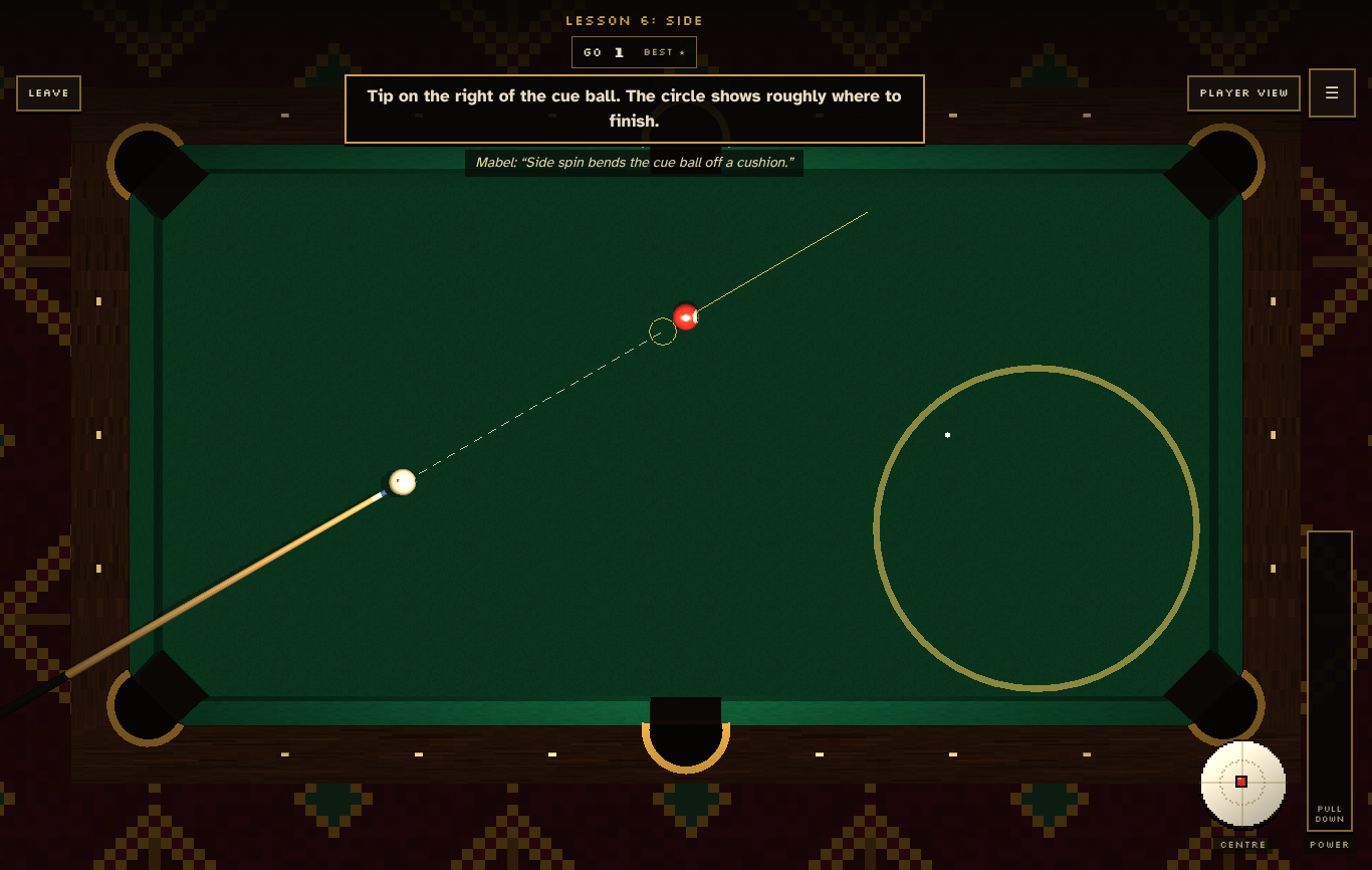 Mabel's lesson on side - the overhead table with the aiming line and a gold circle where the cue ball should finish