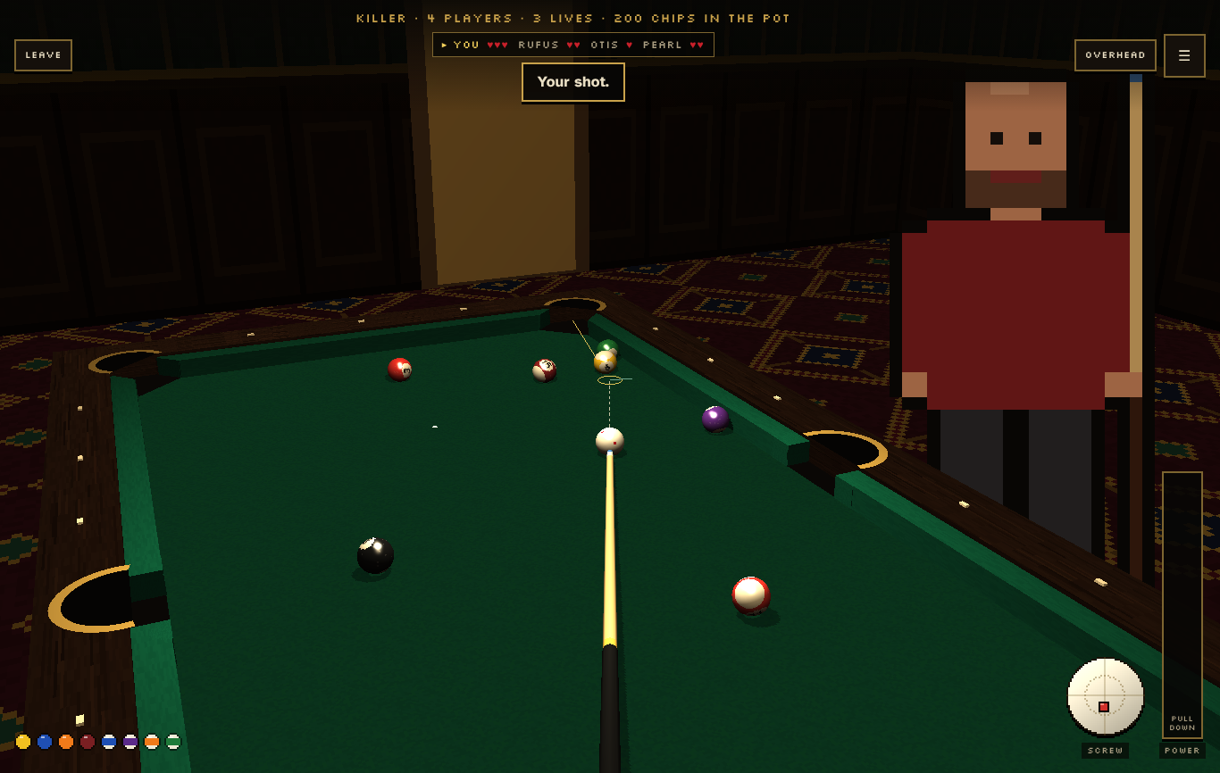 A game of Killer with Otis, Rufus and Pearl, with each player's lives shown as hearts at the top