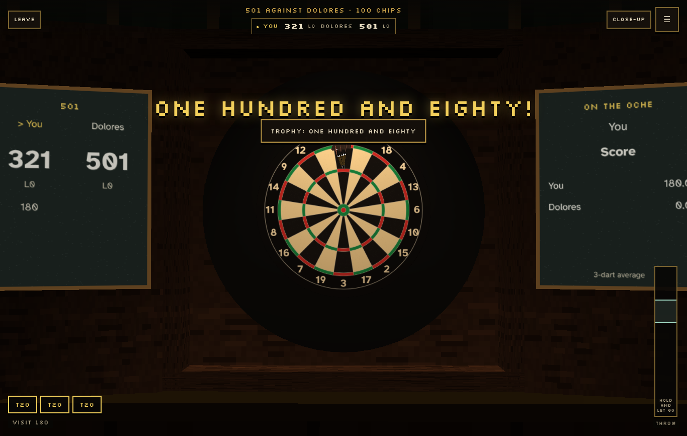 A maximum against Dolores - three darts in the treble 20 and the caller's One hundred and eighty, with the scores chalked in the cabinet doors