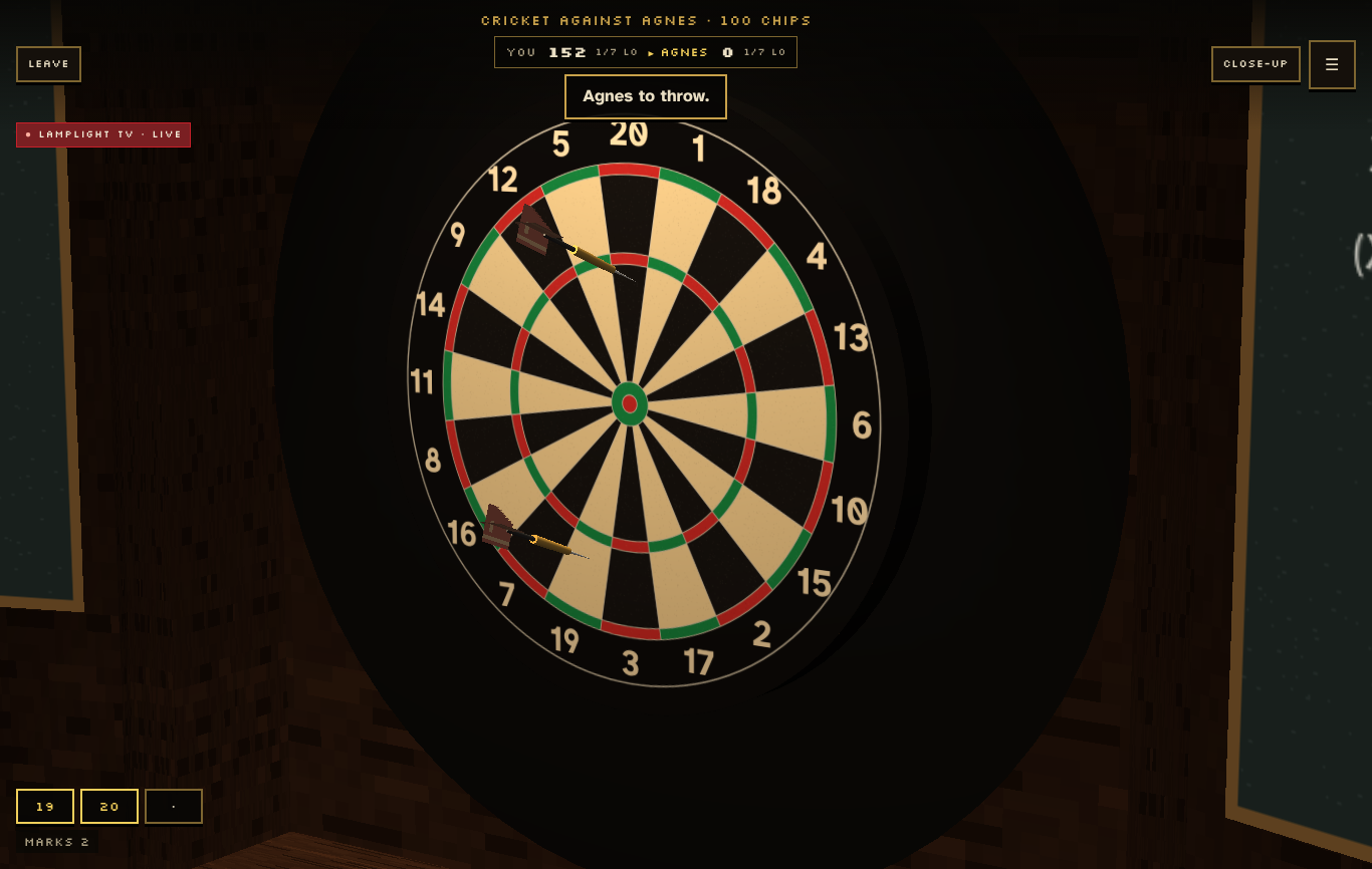 Cricket against Agnes on the TV camera - her darts landing from the side of the board, with the marks chalked in the cabinet door