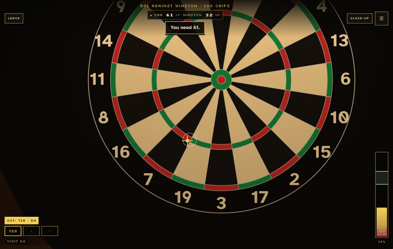 The close-up view on 61 with the route T15, D8 shown, and the aim ring over the treble 15 while the dart is drawn back