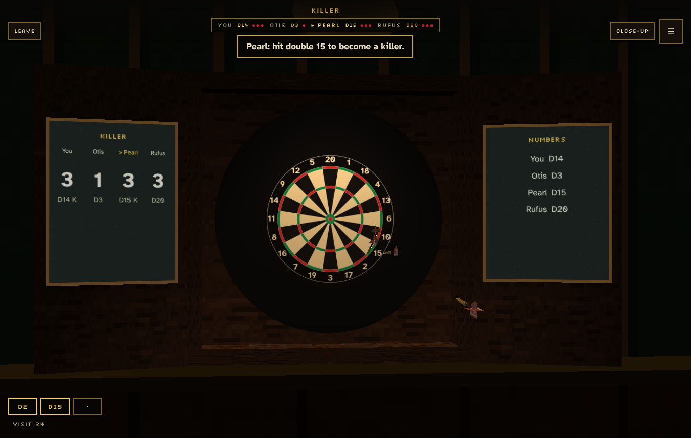 A game of Killer with Otis, Pearl and Rufus - each player's number and lives chalked in the cabinet doors