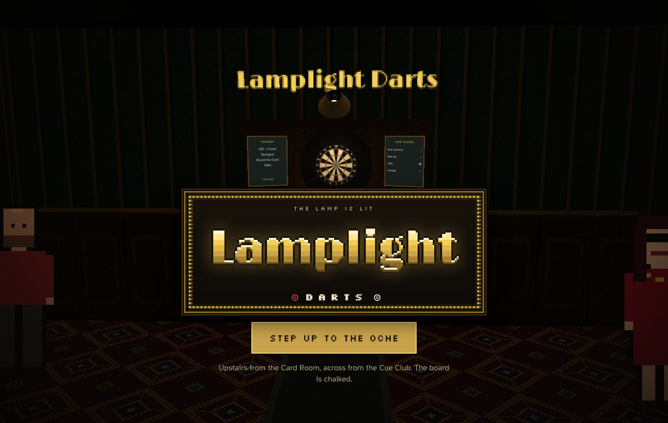 Lamplight Darts' title screen - a dartboard in its open cabinet under the lamp in a dark 3D club room, with chalkboards in the doors, regulars round the room and the gold pixel-art Lamplight title