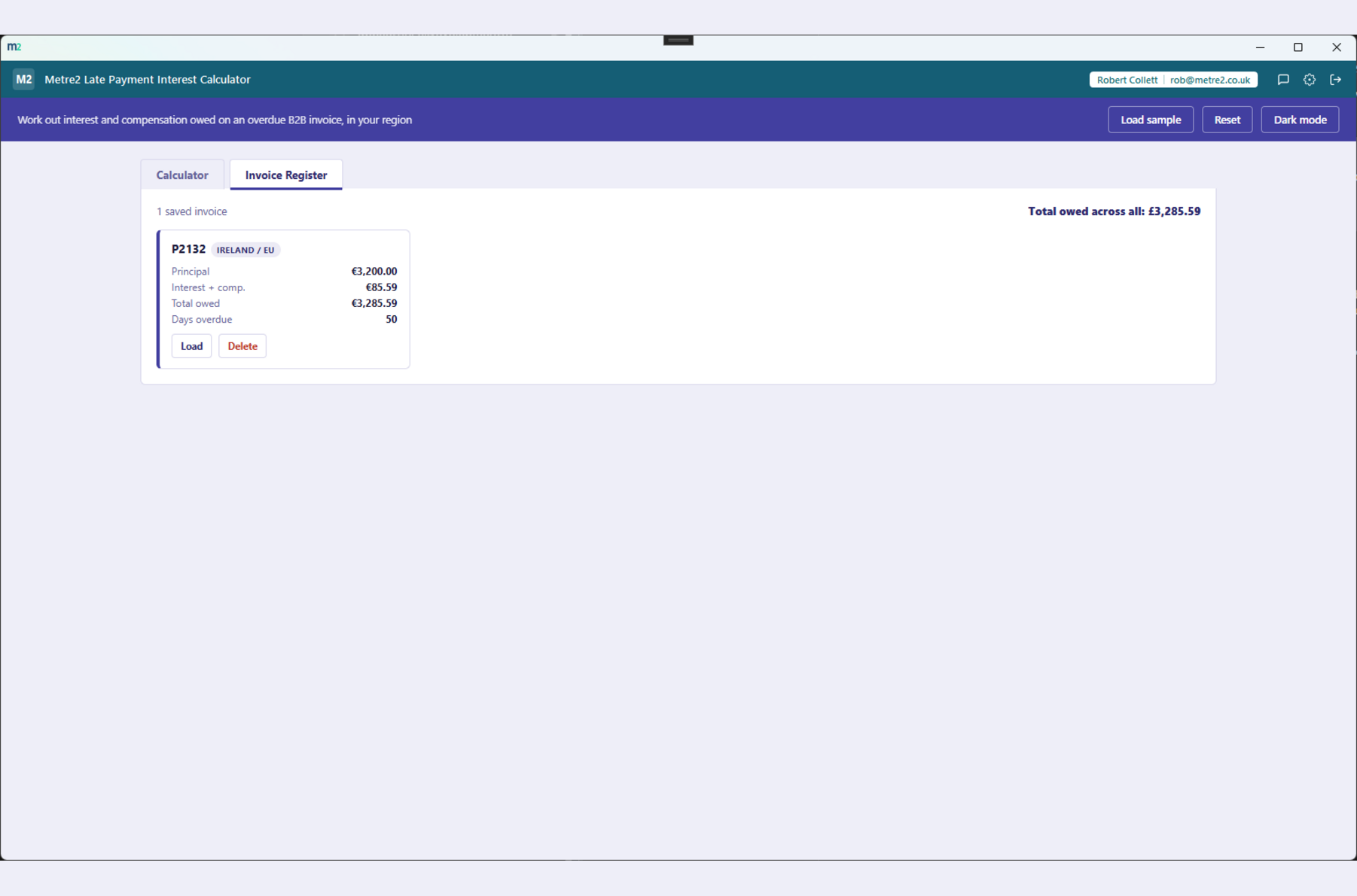 Metre2 Late Payment Interest Calculator's Invoice Register tab, showing a saved Ireland/EU invoice with a region tag, interest and compensation, and total owed