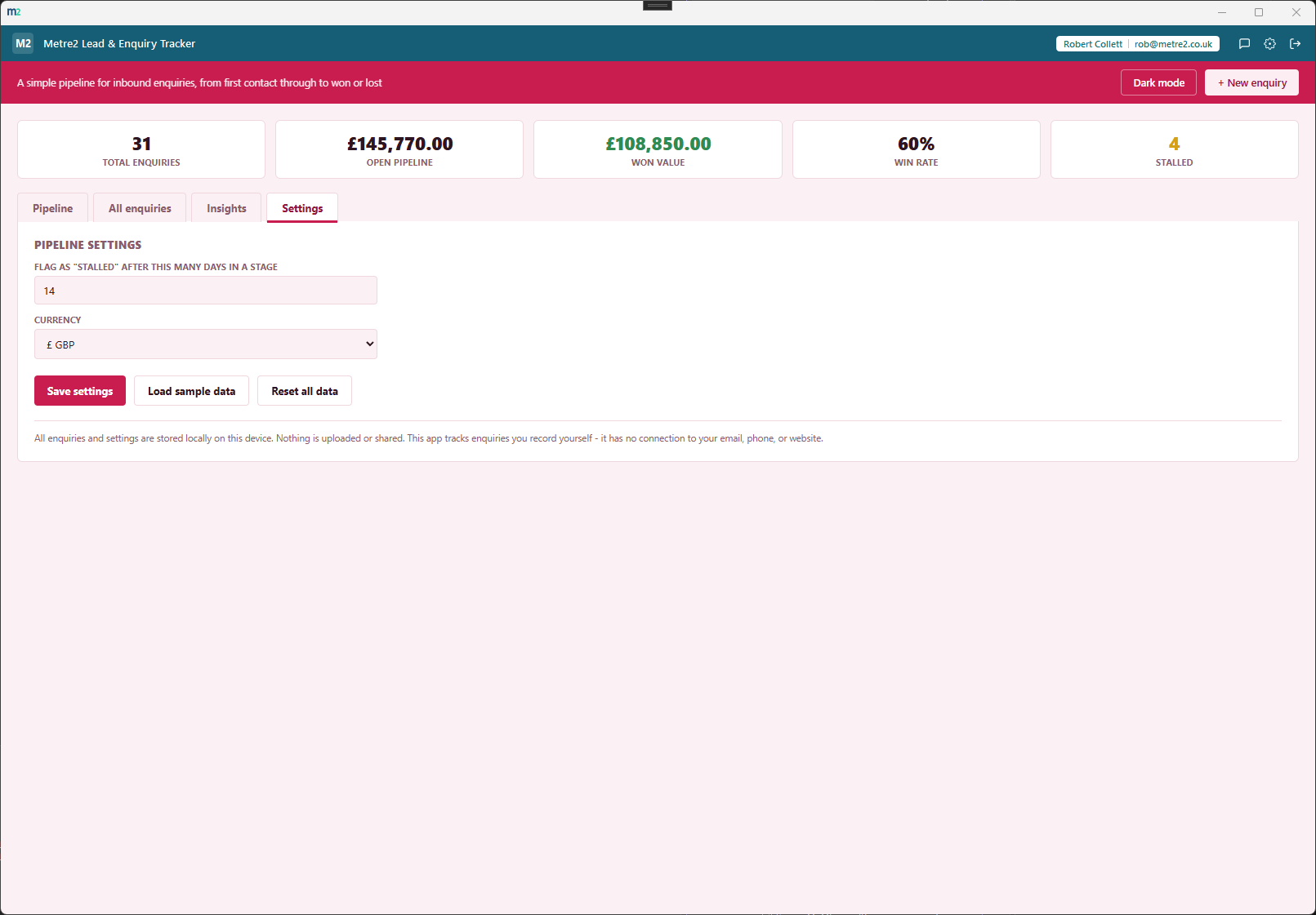 Metre2 Lead & Enquiry Tracker's Settings tab showing the stalled-enquiry threshold and currency setting
