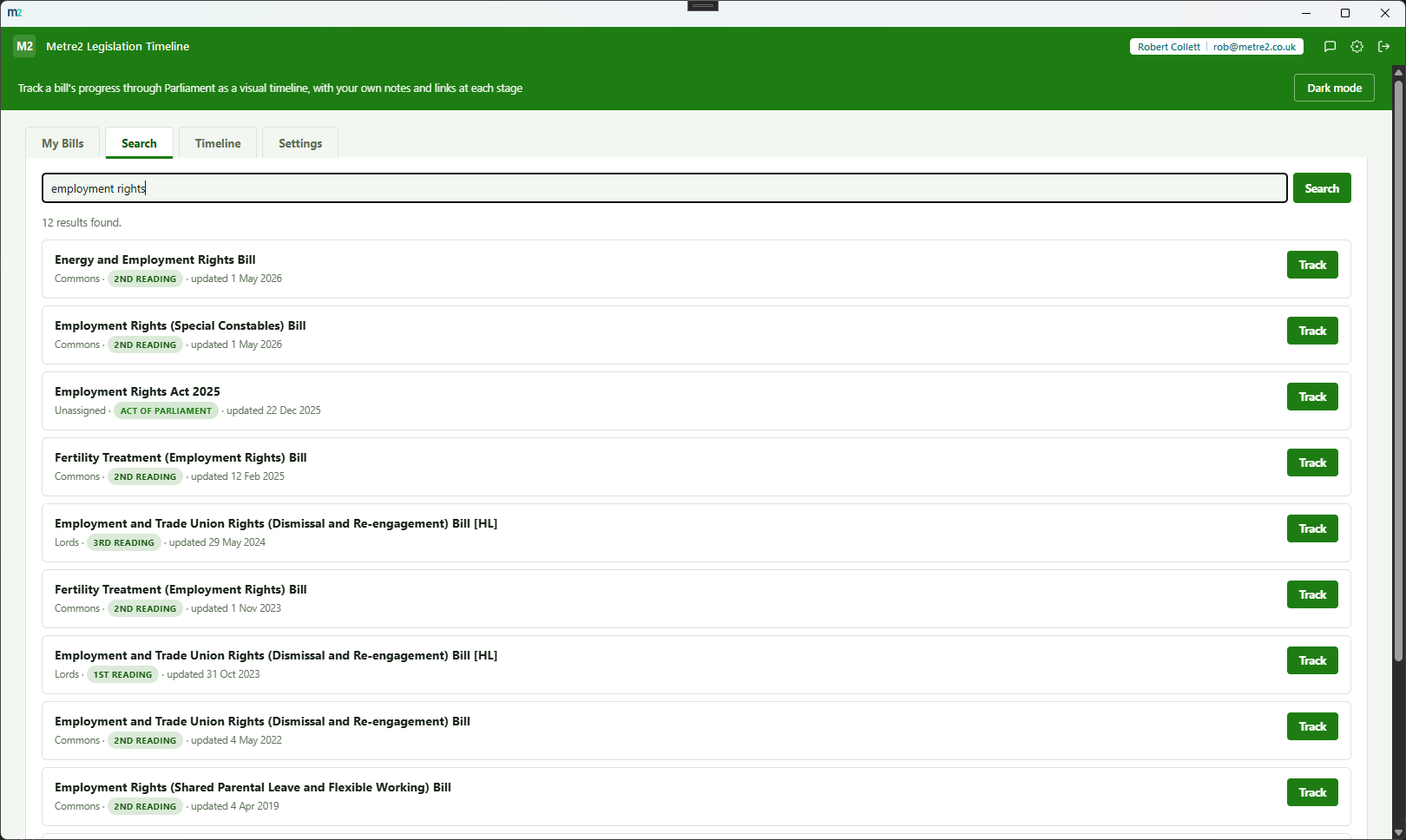 Search tab showing live results from the UK Parliament Bills API for 'employment rights', each with its house, stage and last-updated date