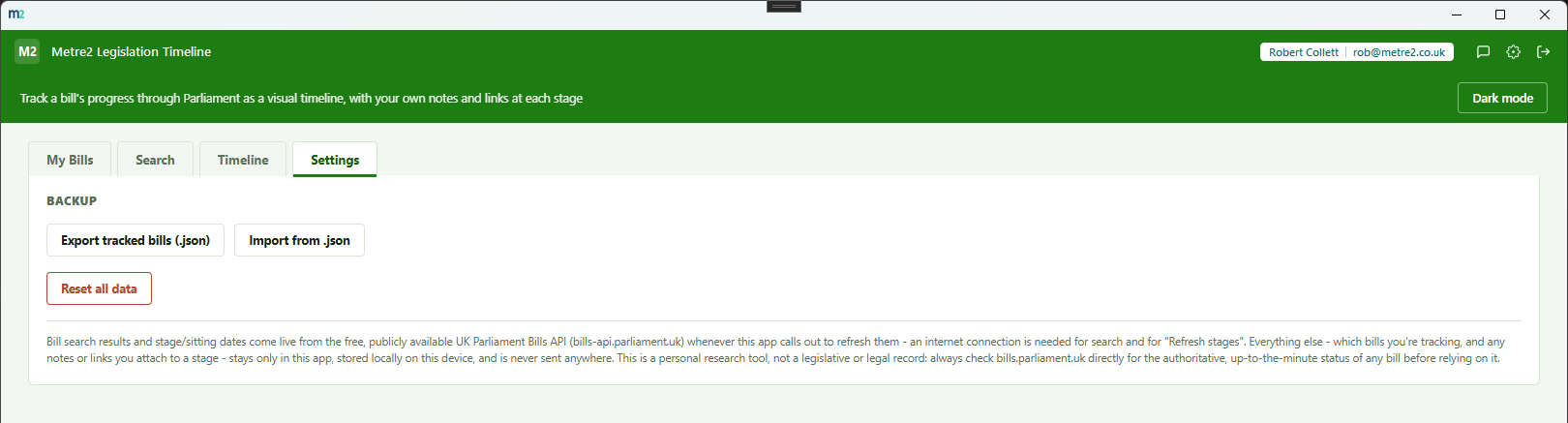 Settings tab showing export/import backup buttons and a reset option, with an explanation of what data stays local