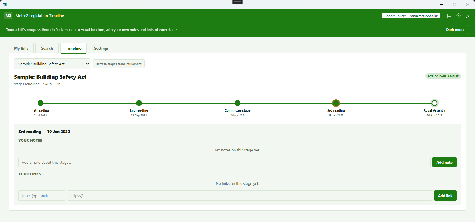 Metre2 Legislation Timeline's Timeline tab showing the Building Safety Act's stages laid out as a horizontal timeline from 1st reading through Royal Assent, with 3rd reading highlighted as the most recently reached stage