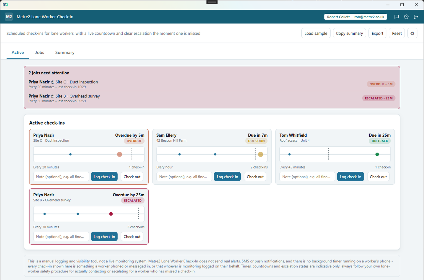 Lone Worker Check-In's Active tab showing the escalation callout and the check-in pulse-timeline grid
