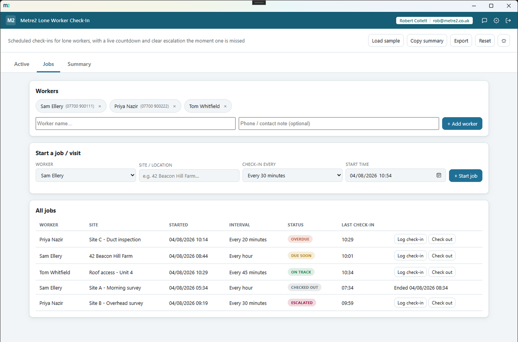 Lone Worker Check-In's Jobs tab showing worker management, starting a new job, and a full jobs table with status