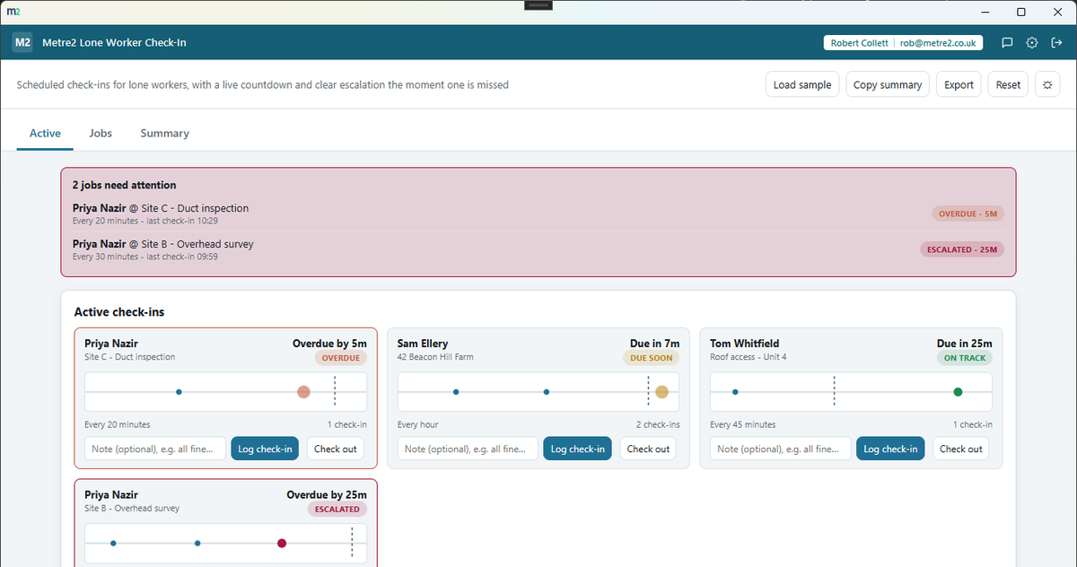 Metre2 Lone Worker Check-In showing the escalation callout and the check-in pulse-timeline grid
