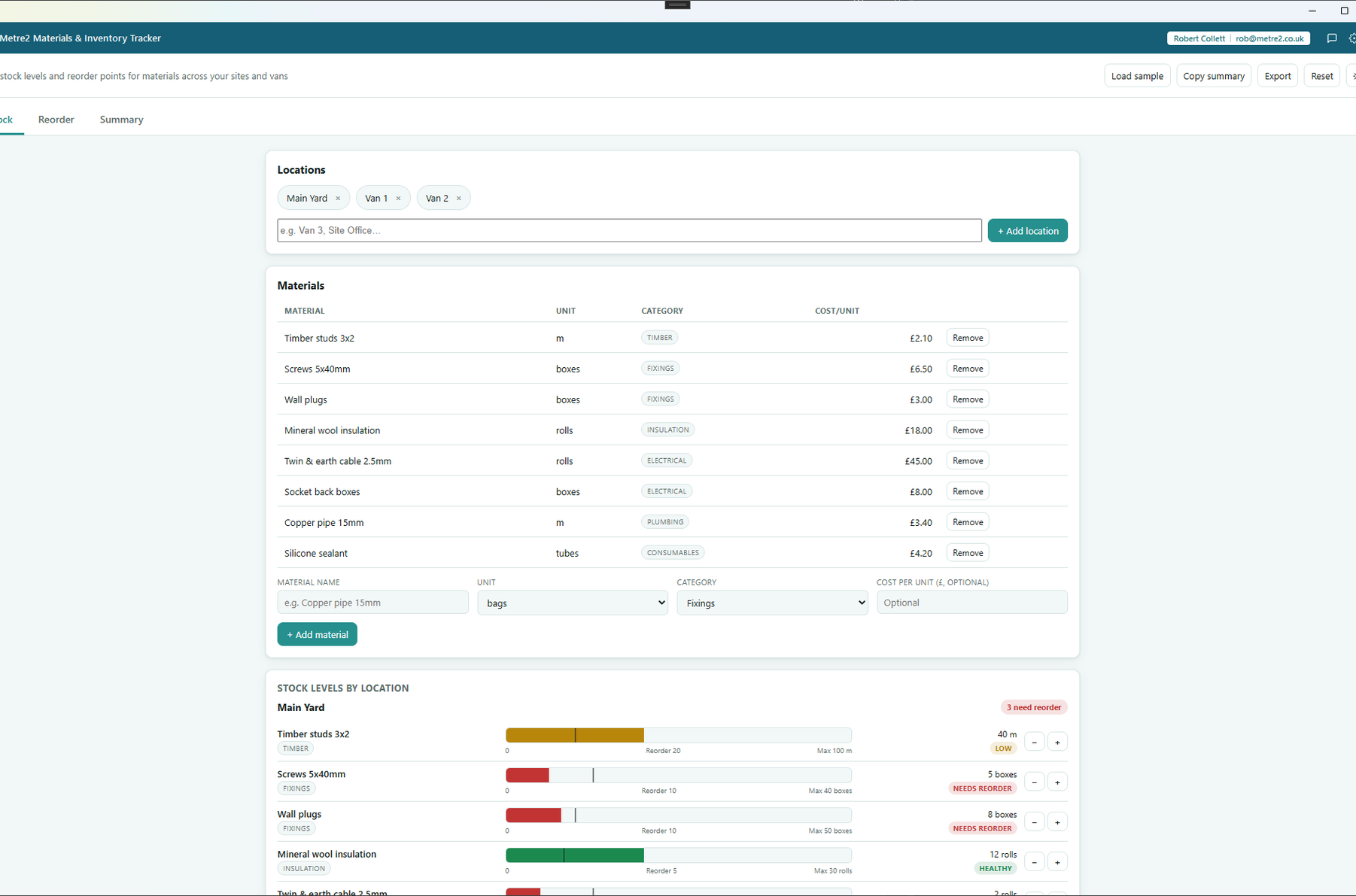 Materials & Inventory Tracker's Stock tab showing locations, materials and per-location stock-level bars
