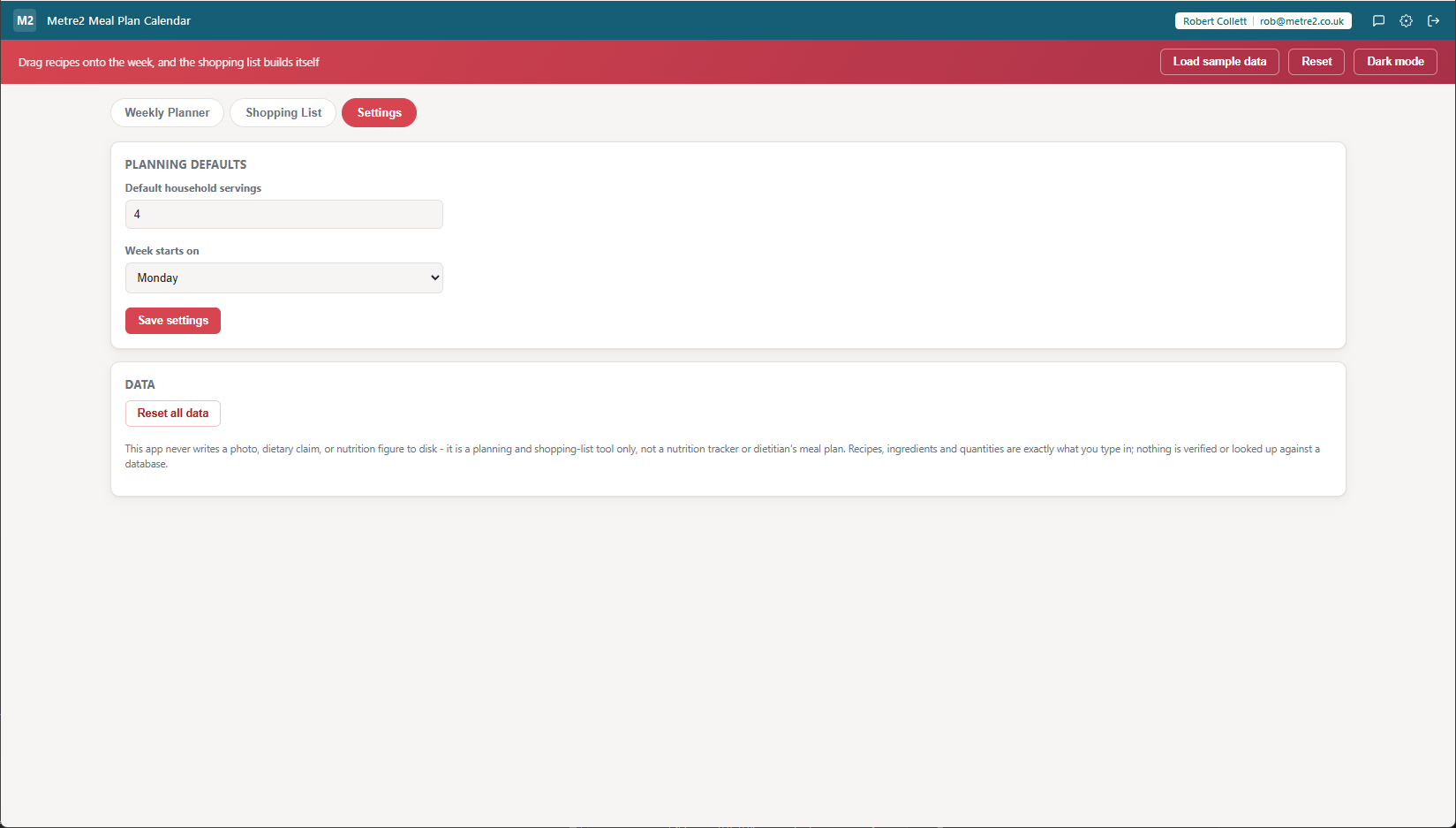 Metre2 Meal Plan Calendar Settings tab showing default household servings and week-start-day options