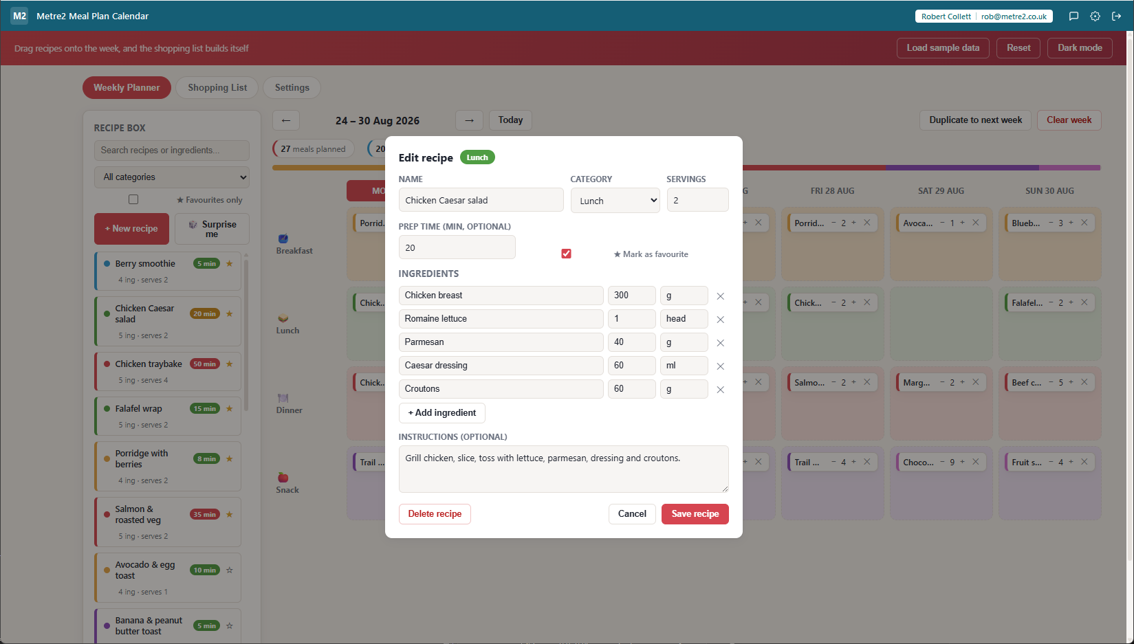 Metre2 Meal Plan Calendar Edit recipe modal showing name, category, servings, prep time, a favourite toggle, and an ingredients list