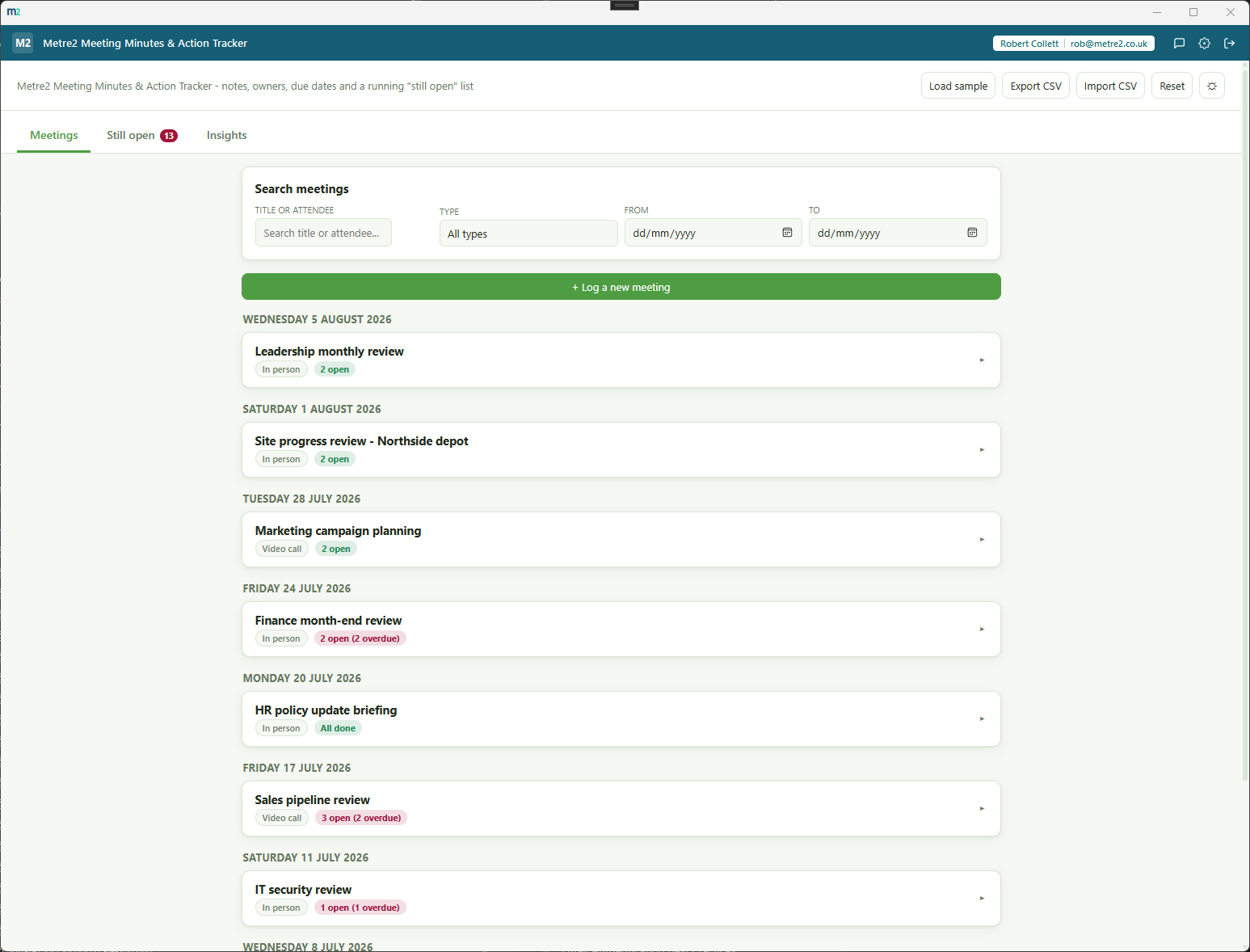 The Meetings tab - a journal of meetings grouped by date, each with an open/overdue action item badge