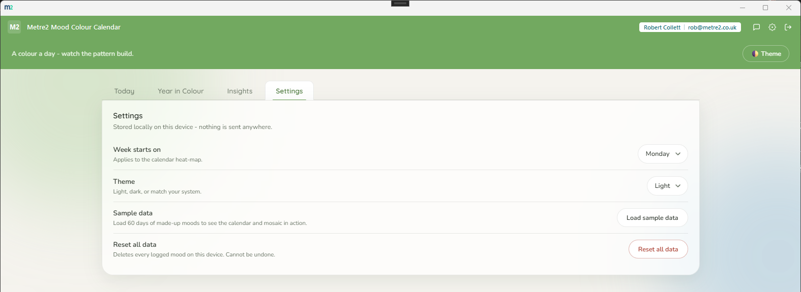 Metre2 Mood Colour Calendar Settings tab showing week-start-day and theme options, a Load sample data button, and a Reset all data option
