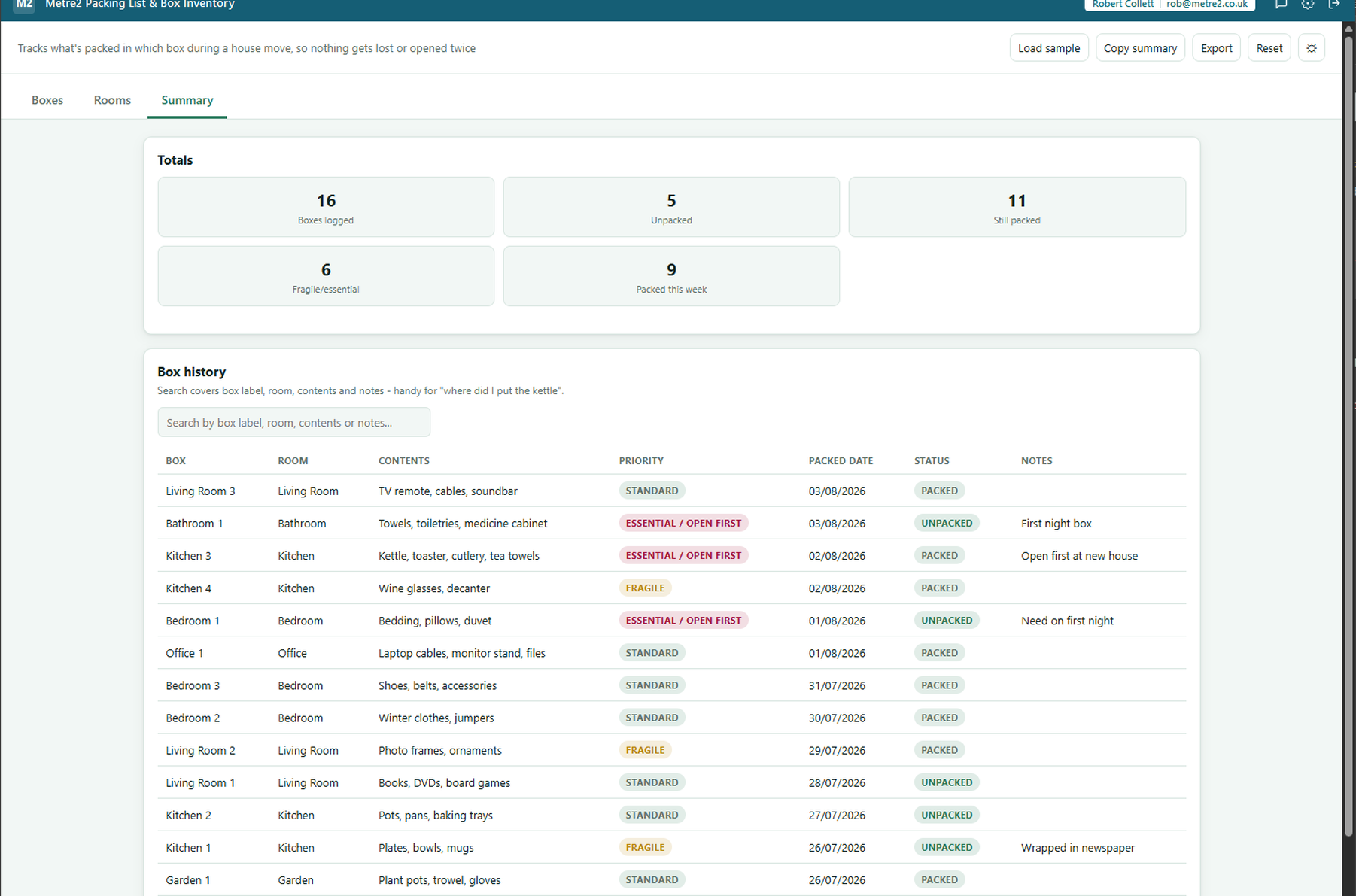 Packing List & Box Inventory's Summary tab showing totals and a searchable box history