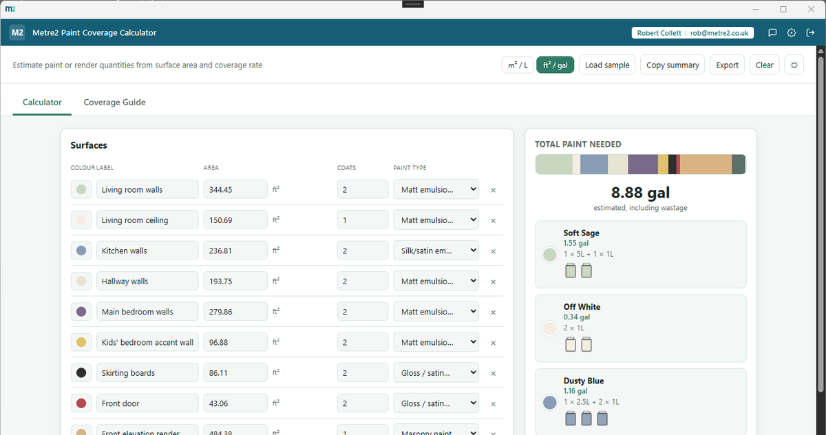 Metre2 Paint Coverage Calculator's Calculator tab showing a colourful surface list, a segmented colour palette bar, and per-colour tin recommendations