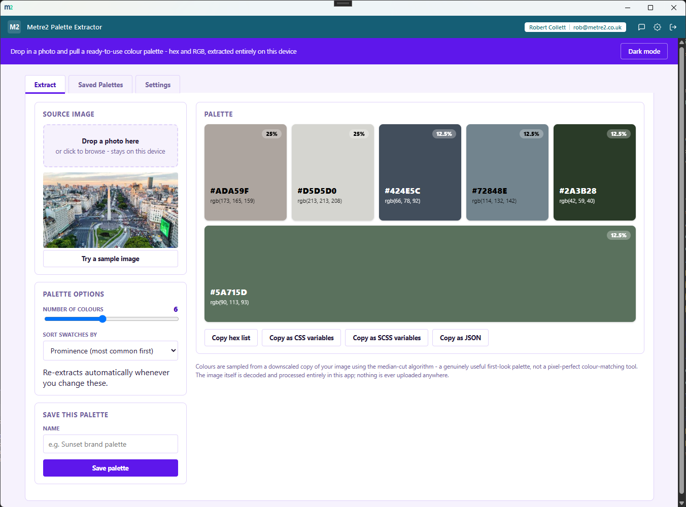Metre2 Palette Extractor's Extract tab showing a source image dropzone and palette options on the left, and a chunky mosaic wall of six colour swatches with hex/RGB values and export buttons on the right